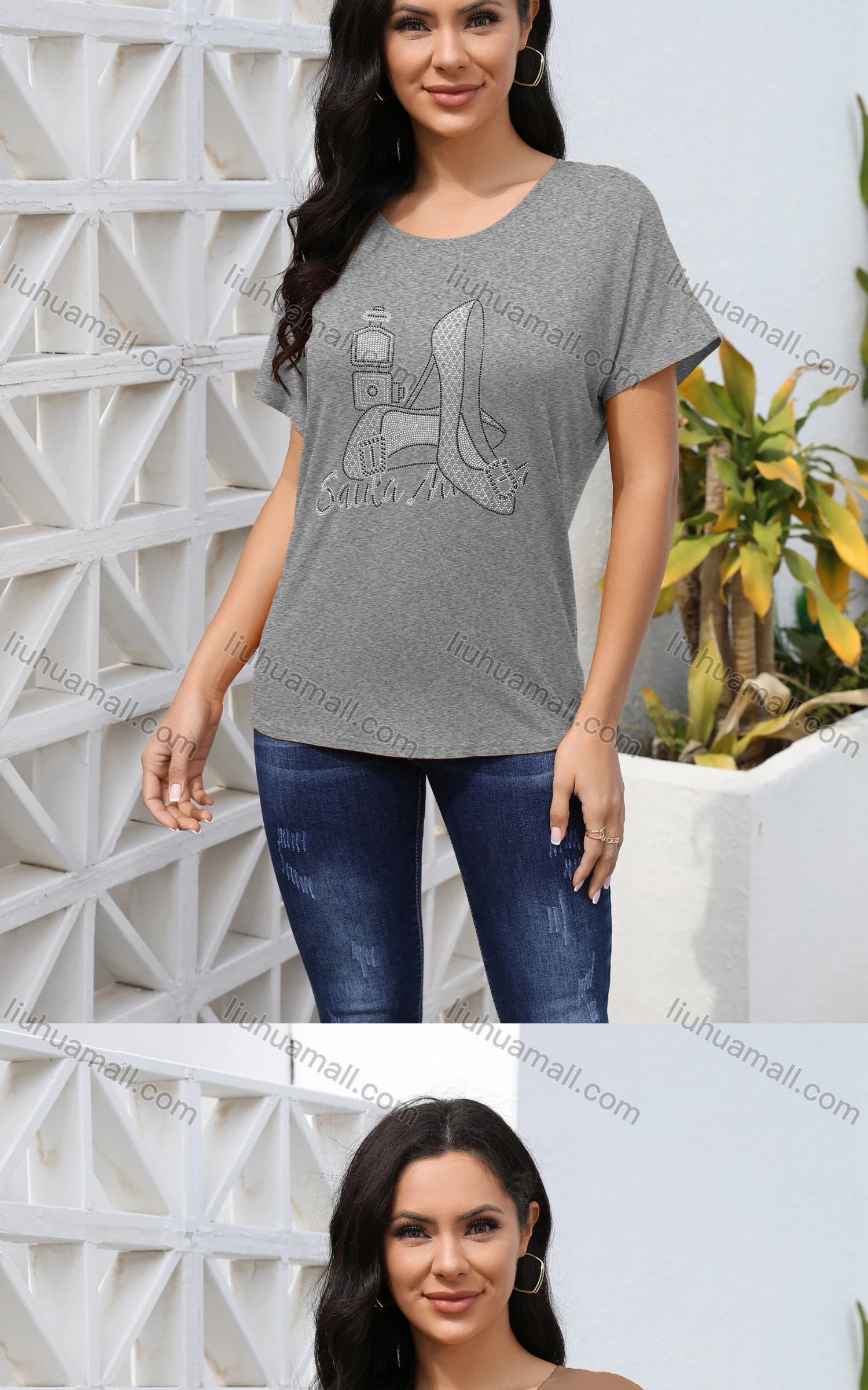 Wholesale Women's Casual Crew Neck Short Sleeve Graphic Rhinestone Top - Liuhuamall
