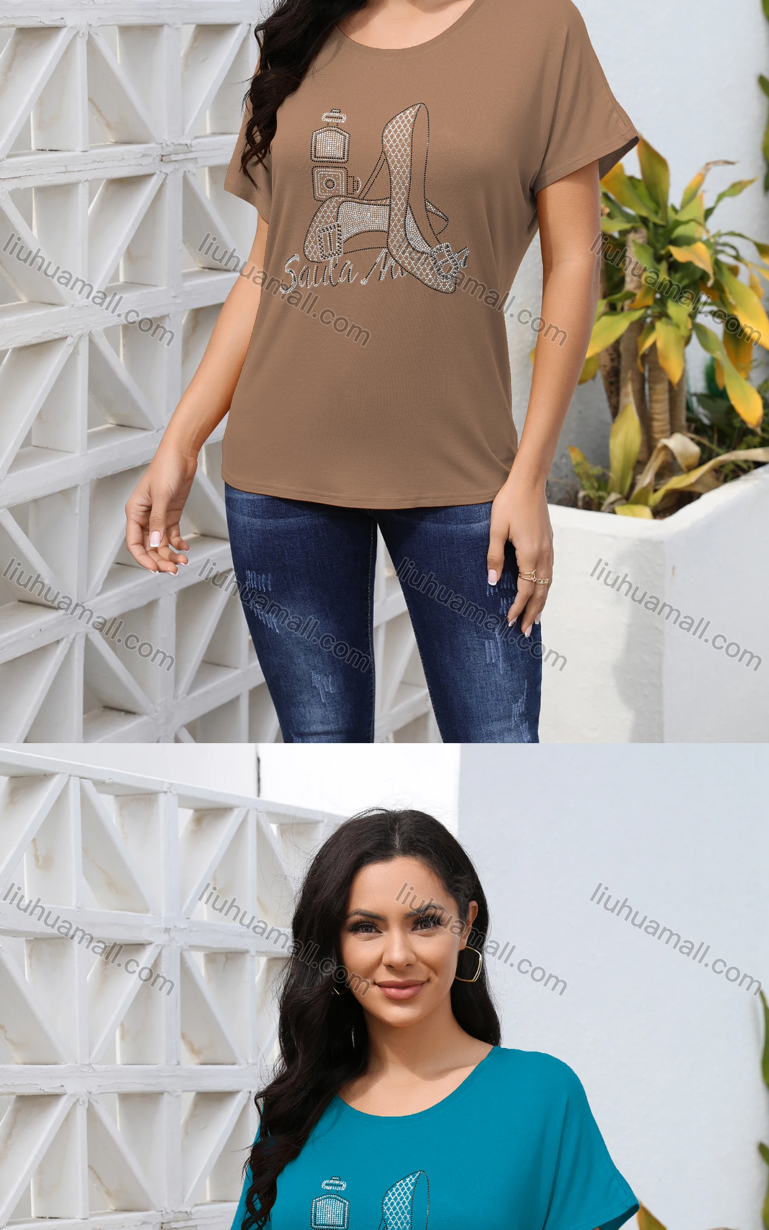 Wholesale Women's Casual Crew Neck Short Sleeve Graphic Rhinestone Top - Liuhuamall