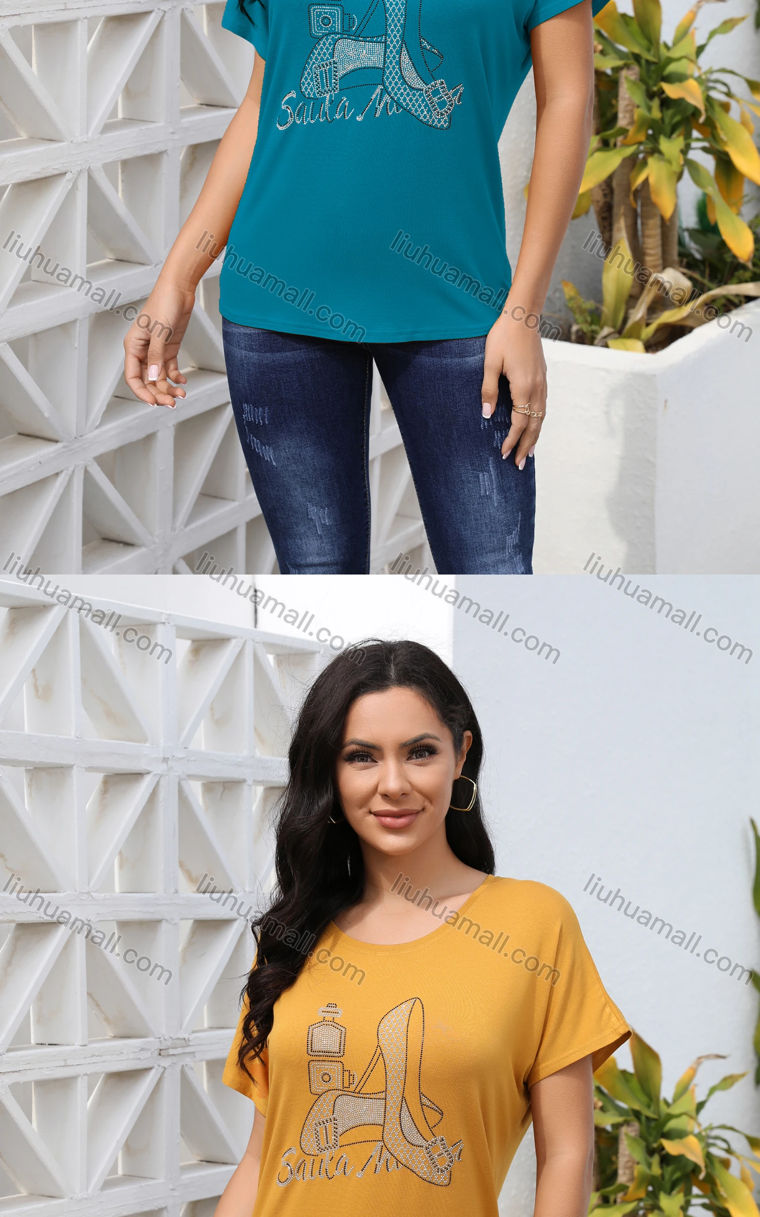 Wholesale Women's Casual Crew Neck Short Sleeve Graphic Rhinestone Top - Liuhuamall