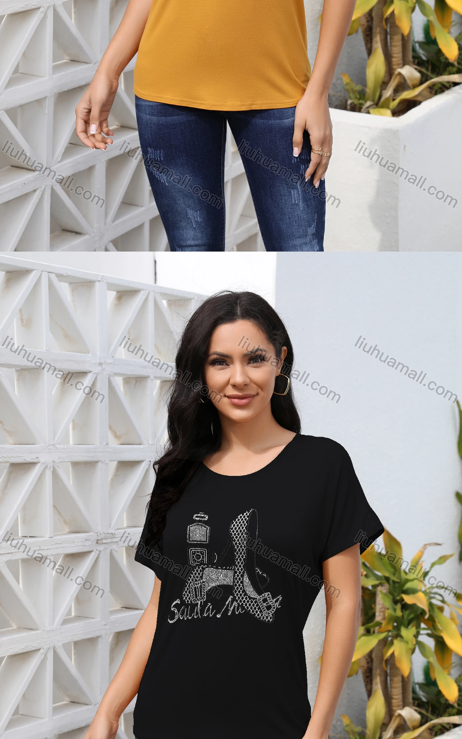 Wholesale Women's Casual Crew Neck Short Sleeve Graphic Rhinestone Top - Liuhuamall