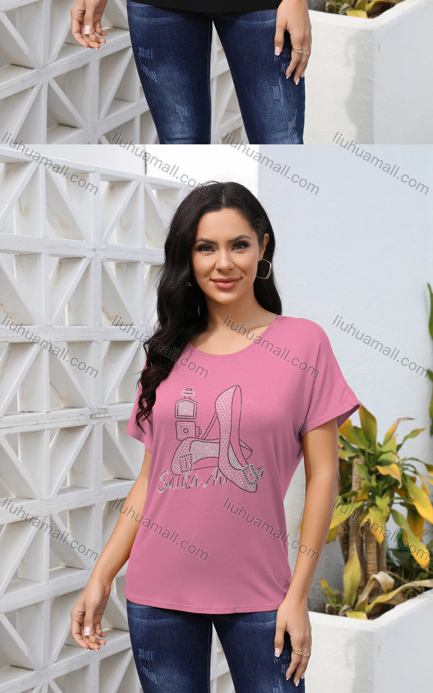 Wholesale Women's Casual Crew Neck Short Sleeve Graphic Rhinestone Top - Liuhuamall