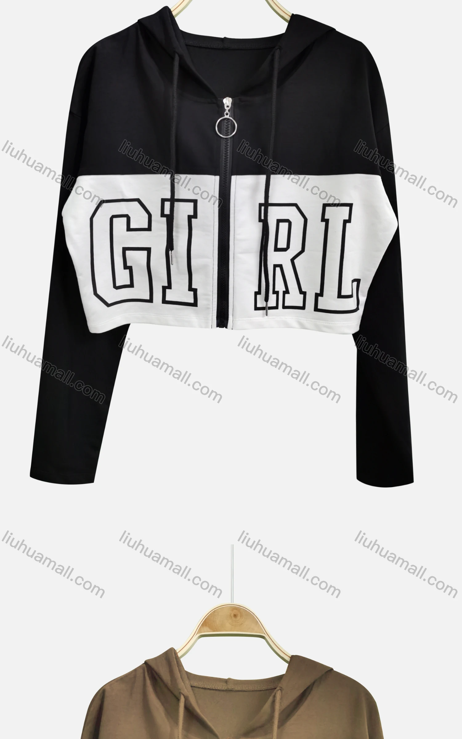 Wholesale Women's Casual Hooded Zipper Colorblock Letter Crop Hoodies - Liuhuamall