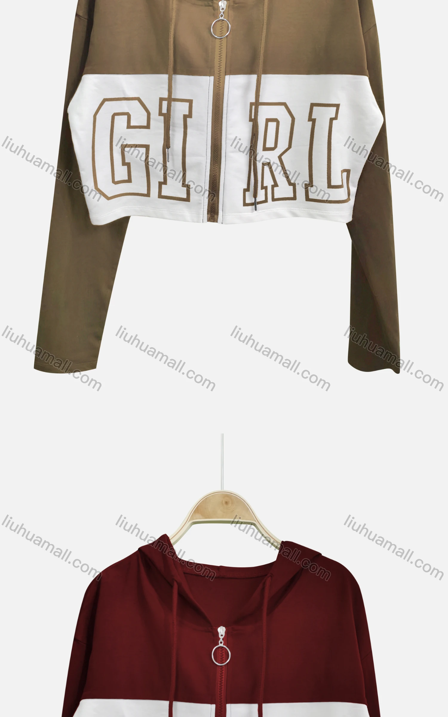 Wholesale Women's Casual Hooded Zipper Colorblock Letter Crop Hoodies - Liuhuamall