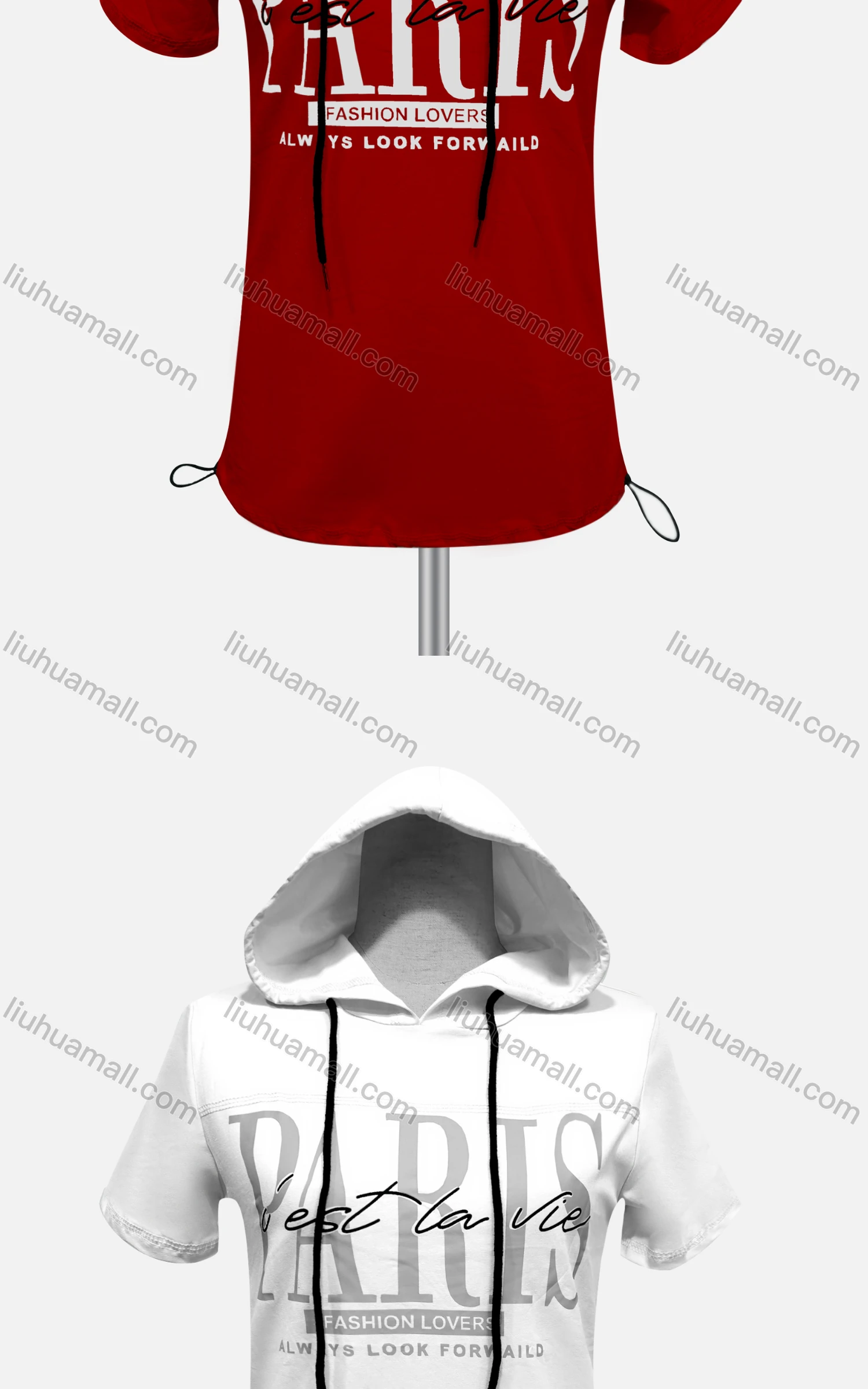 Wholesale Women's Casual Hooded Short Sleeve Letter Drawstring Hoodies - Liuhuamall