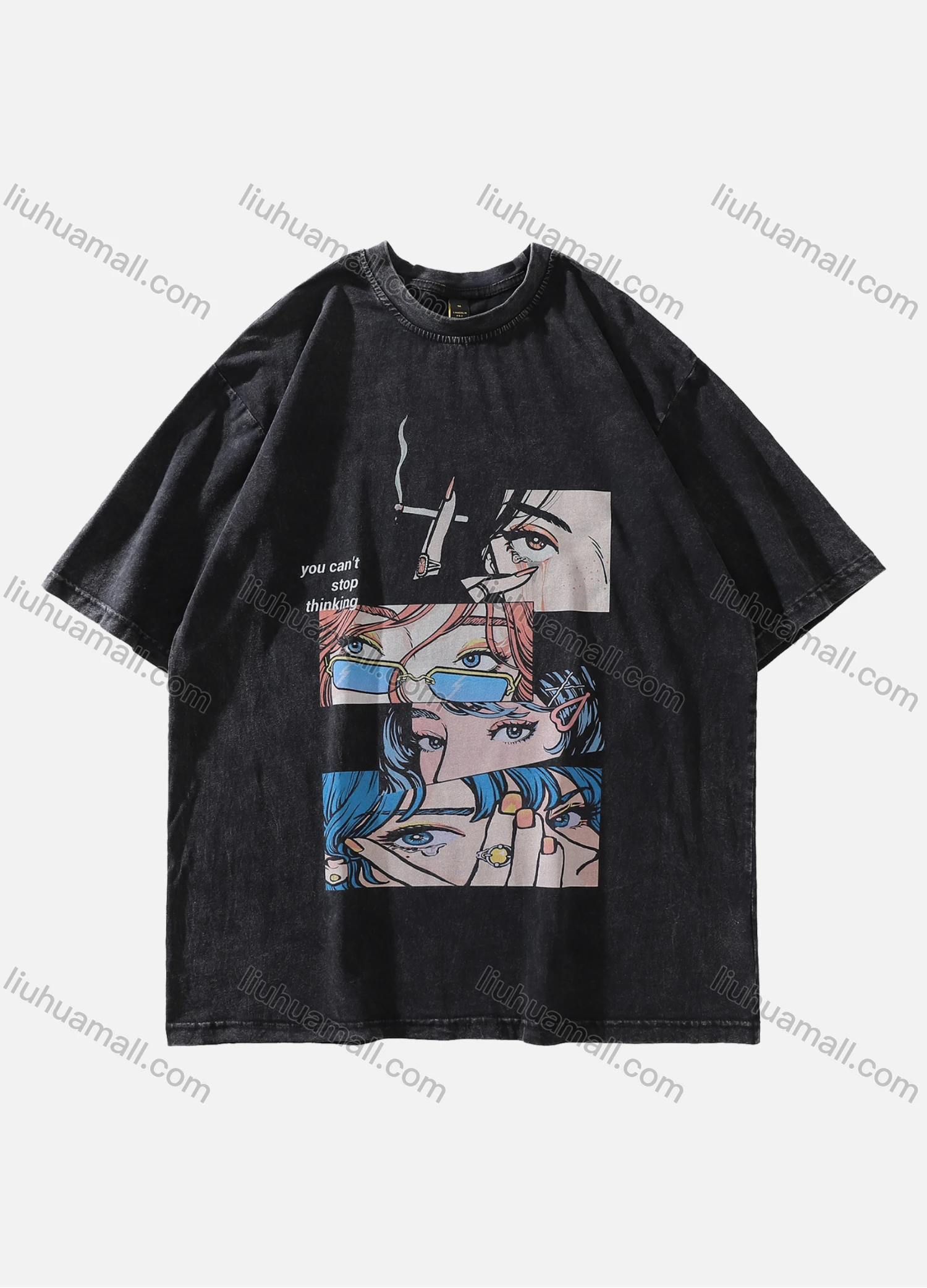 Wholesale Men's Fashion Oversized Crew Neck Short Sleeve Wash Distressed Graphic T-shirt 712# - Liuhuamall