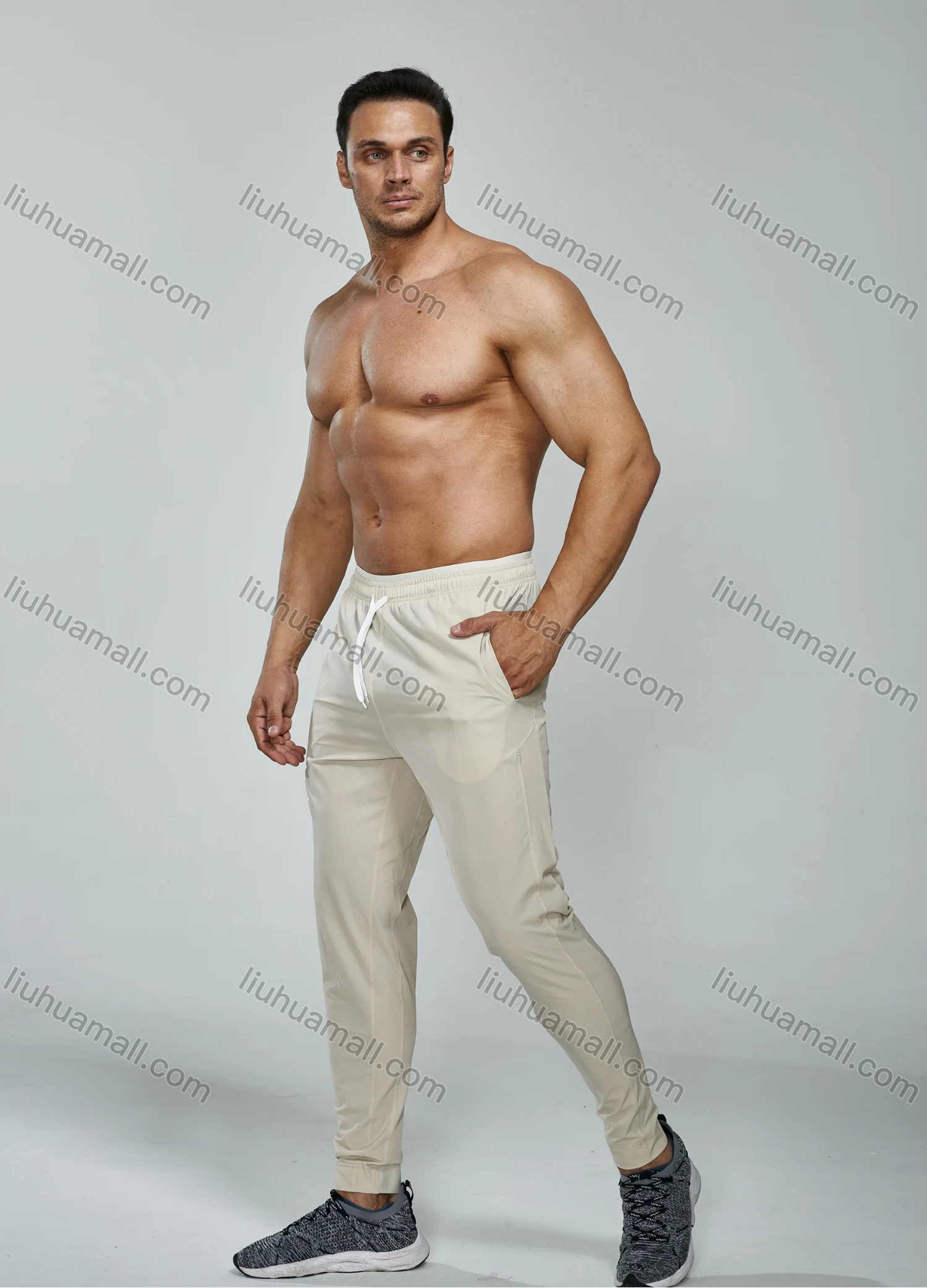 Wholesale Men's Athletic Workout Drawstring Zipper Pockets Ankle Length Gym Joggers 7137# - Liuhuamall