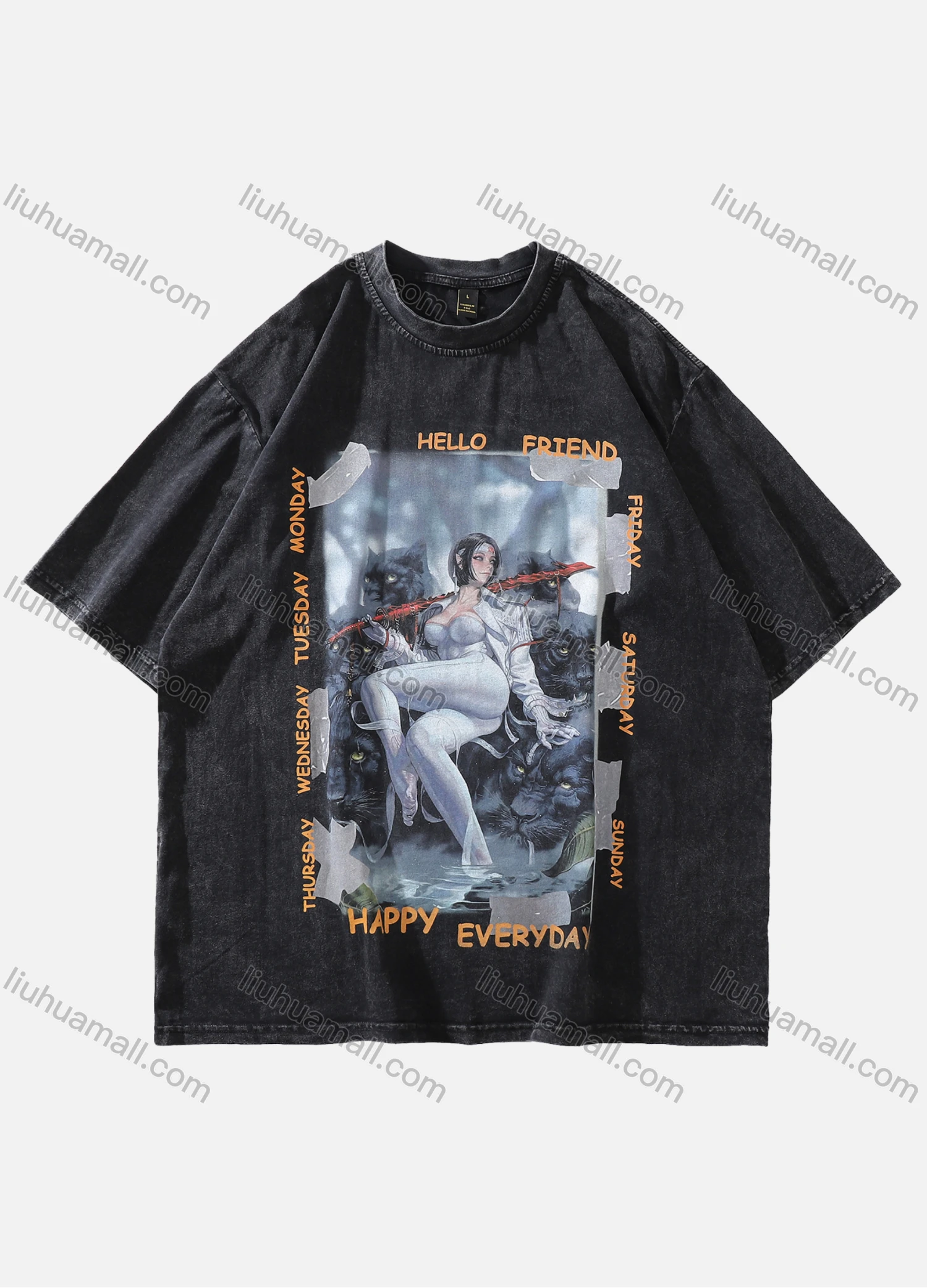Wholesale Men's Fashion Oversized Crew Neck Short Sleeve Wash Distressed Graphic T-shirt 722# - Liuhuamall