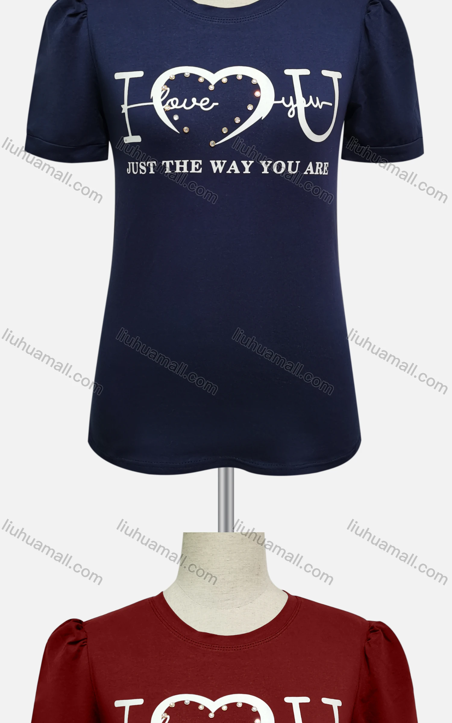 Wholesale Women's Casual Crew Neck Short Sleeve Letter Rhinestone Top - Liuhuamall