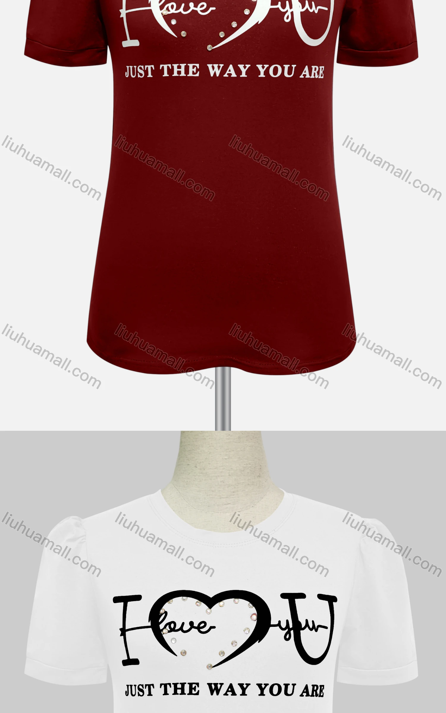 Wholesale Women's Casual Crew Neck Short Sleeve Letter Rhinestone Top - Liuhuamall