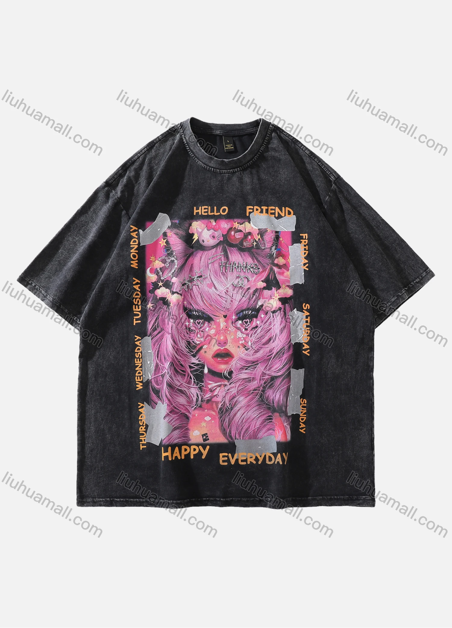 Wholesale Men's Fashion Oversized Crew Neck Short Sleeve Wash Distressed Graphic T-shirt 723# - Liuhuamall