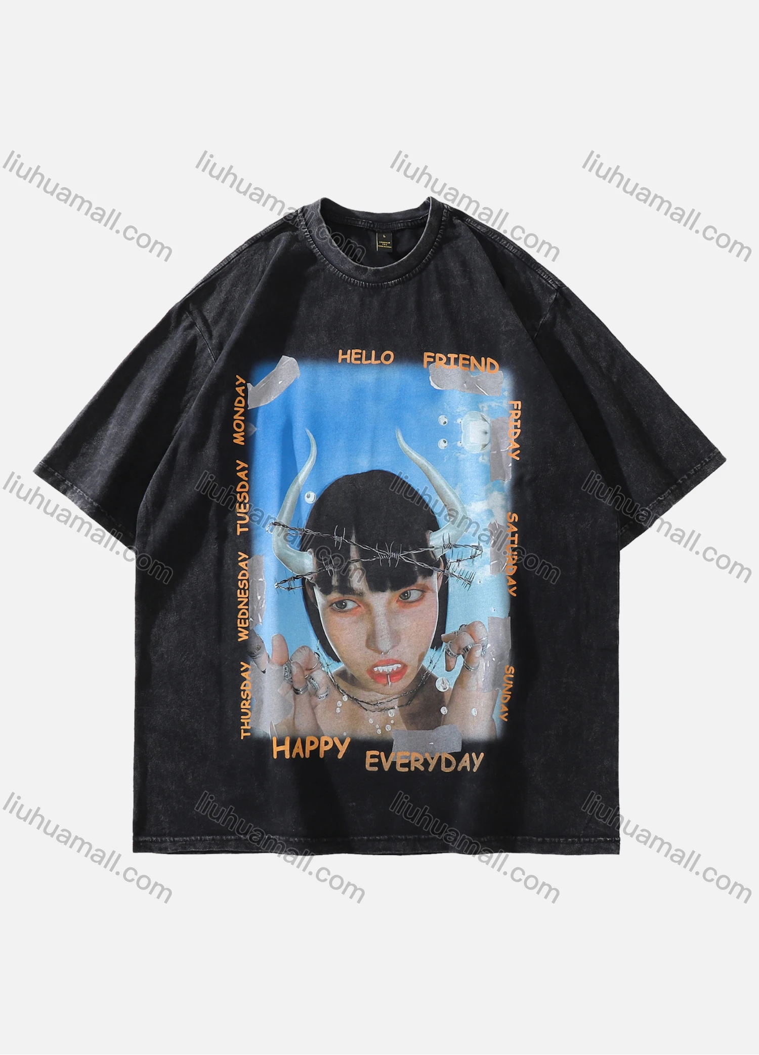 Wholesale Men's Fashion Oversized Crew Neck Short Sleeve Wash Distressed Graphic T-shirt 727# - Liuhuamall