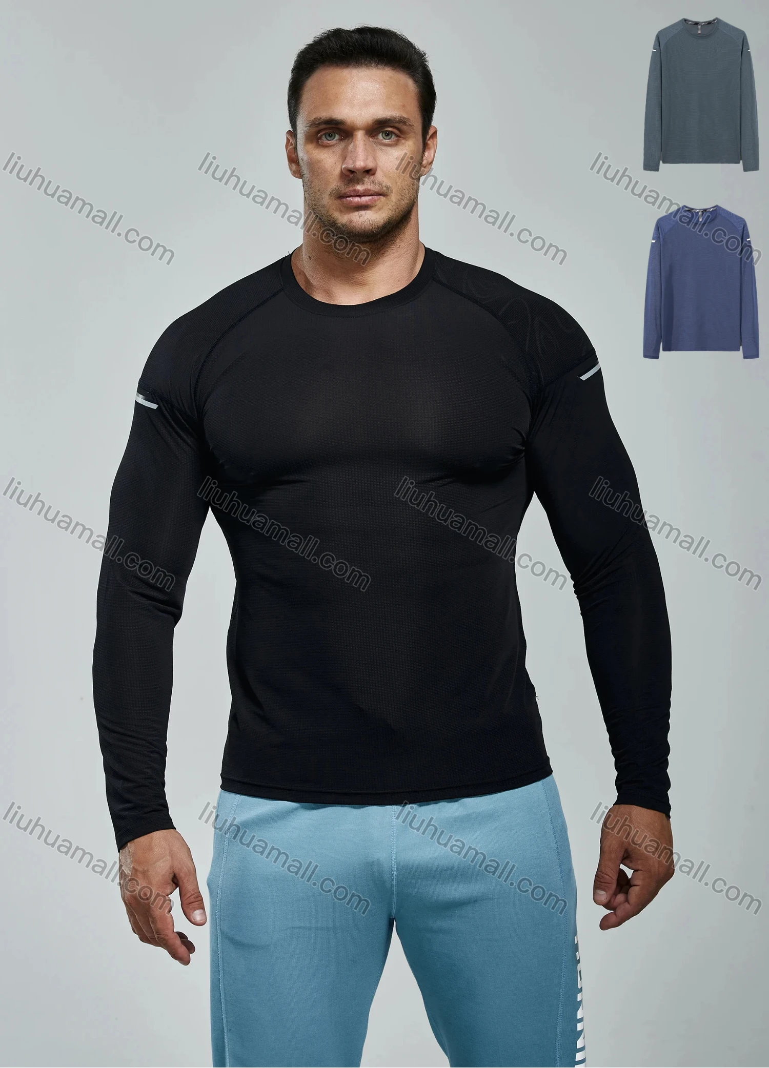 Wholesale Men's Athletic Workout Breathable Plain Quick Dry Long Sleeve T-shirt F21802# - Liuhuamall