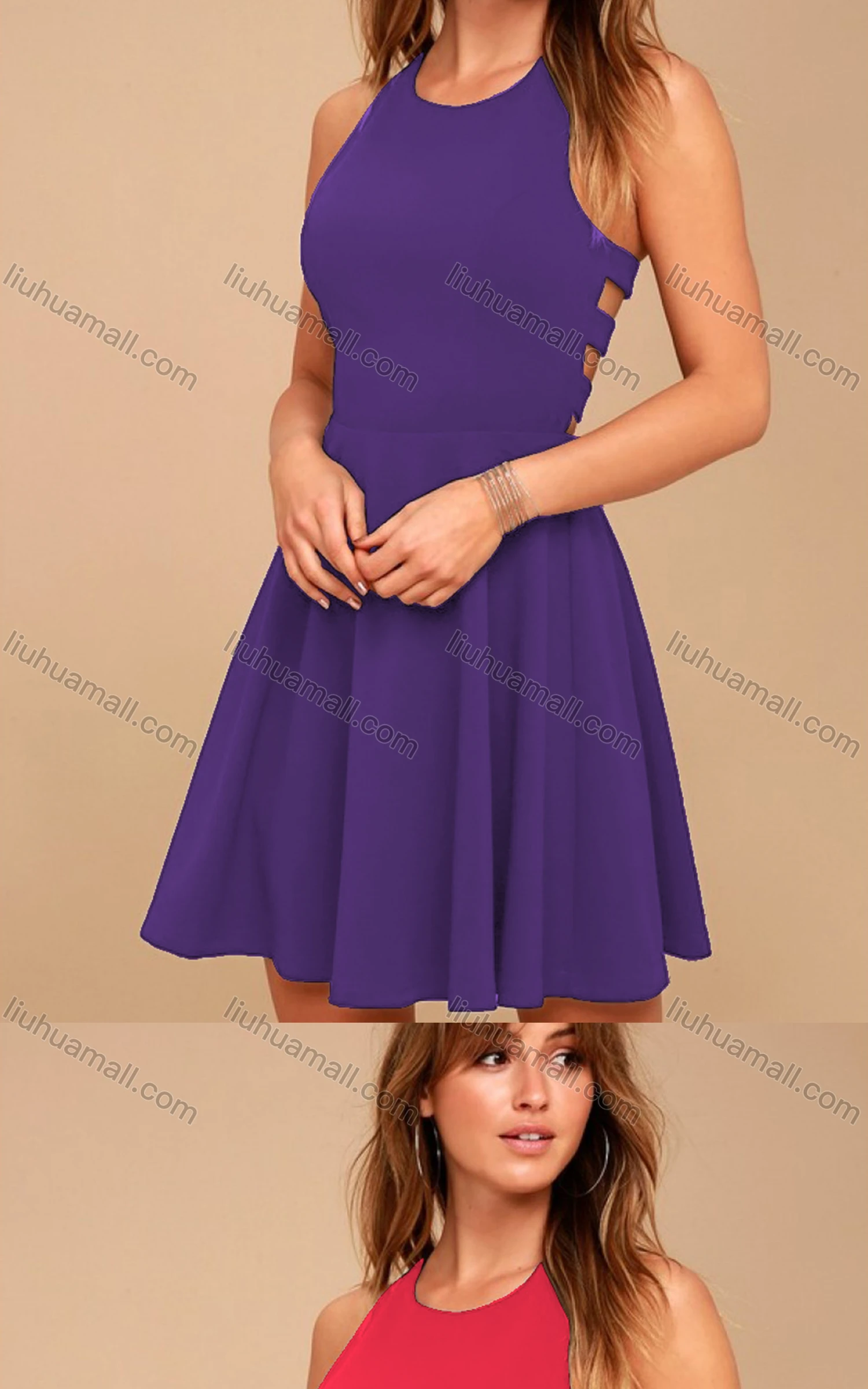 Wholesale Women's Casual Plain Crew Neck Sleeveless High Waist Short Tank Dress - Liuhuamall