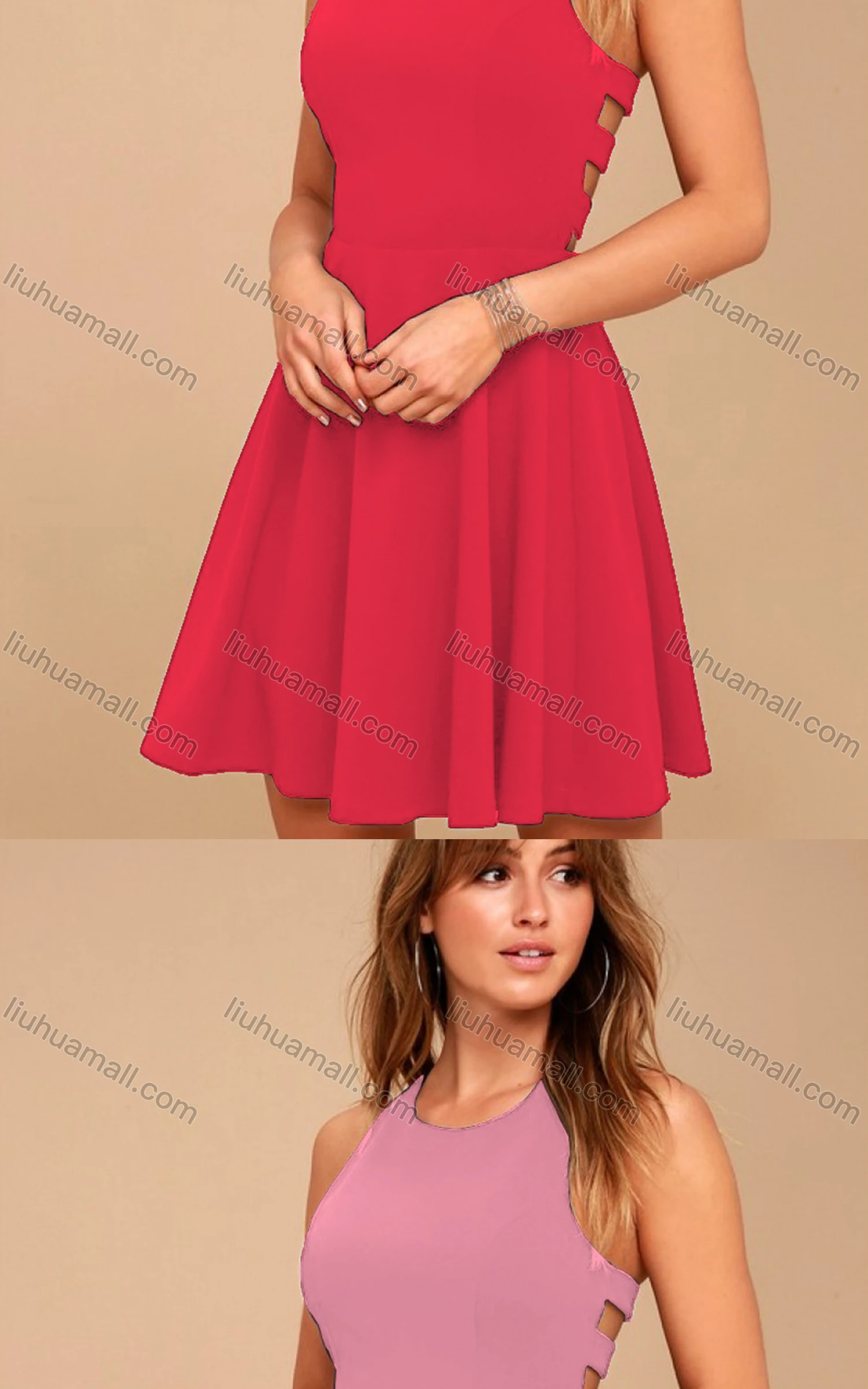 Wholesale Women's Casual Plain Crew Neck Sleeveless High Waist Short Tank Dress - Liuhuamall