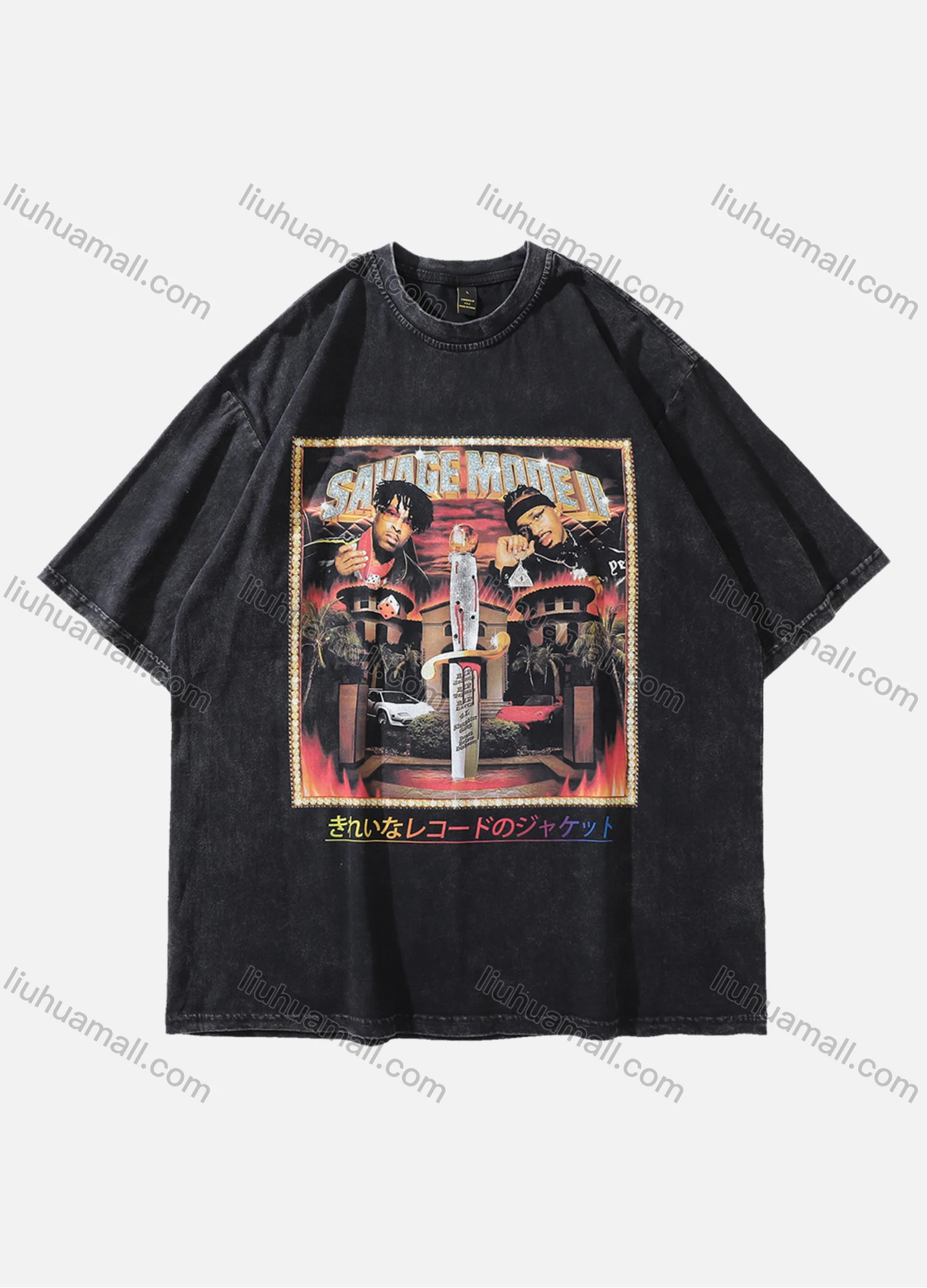 Wholesale Men's Fashion Hip Hop Oversized Crew Neck Short Sleeve Wash Distressed Graphic T-shirt 792# - Liuhuamall