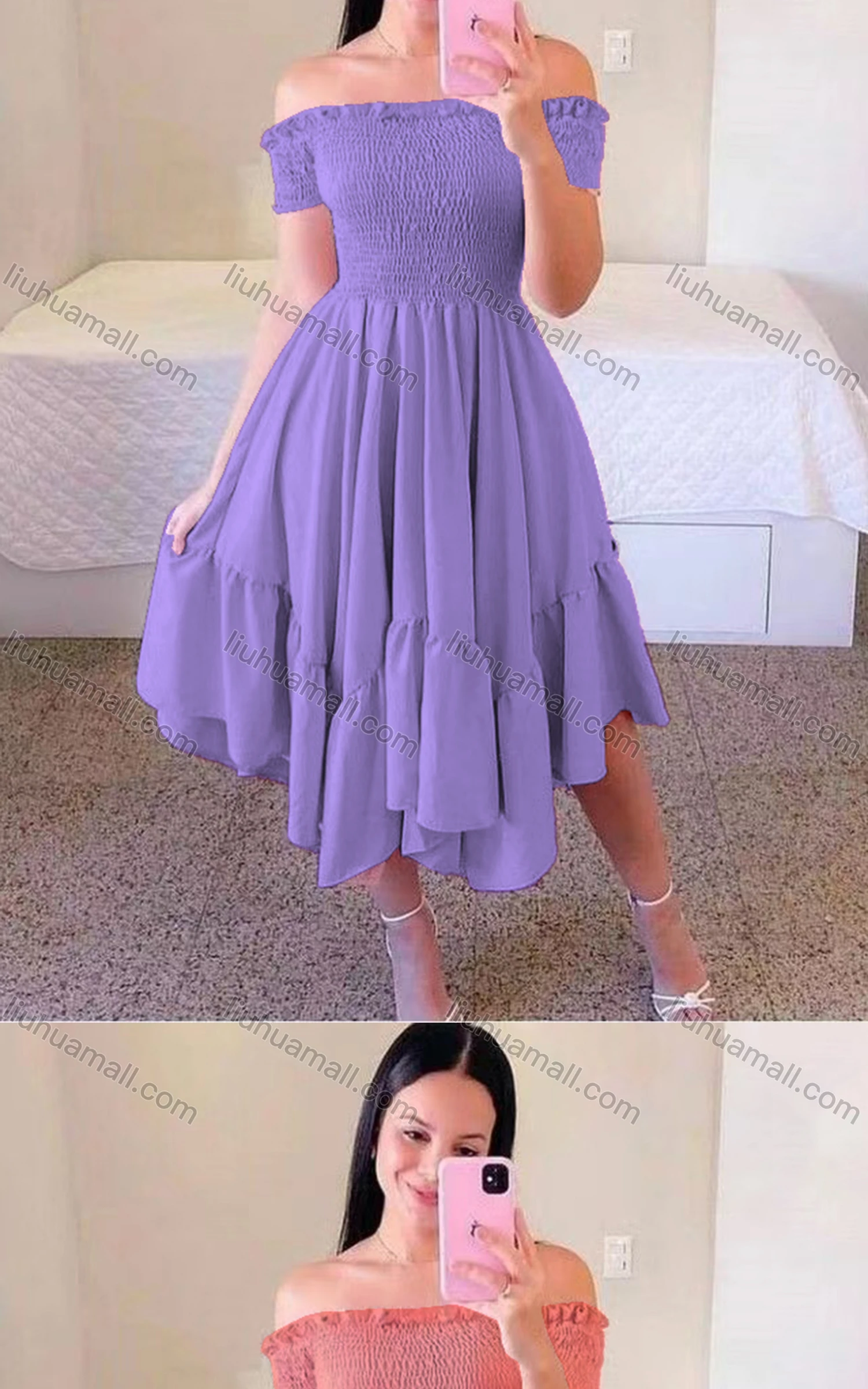 Wholesale Women's Sexy Shirred Off Shoulder Short Sleeve Plain Short Cocktail Dress - Liuhuamall