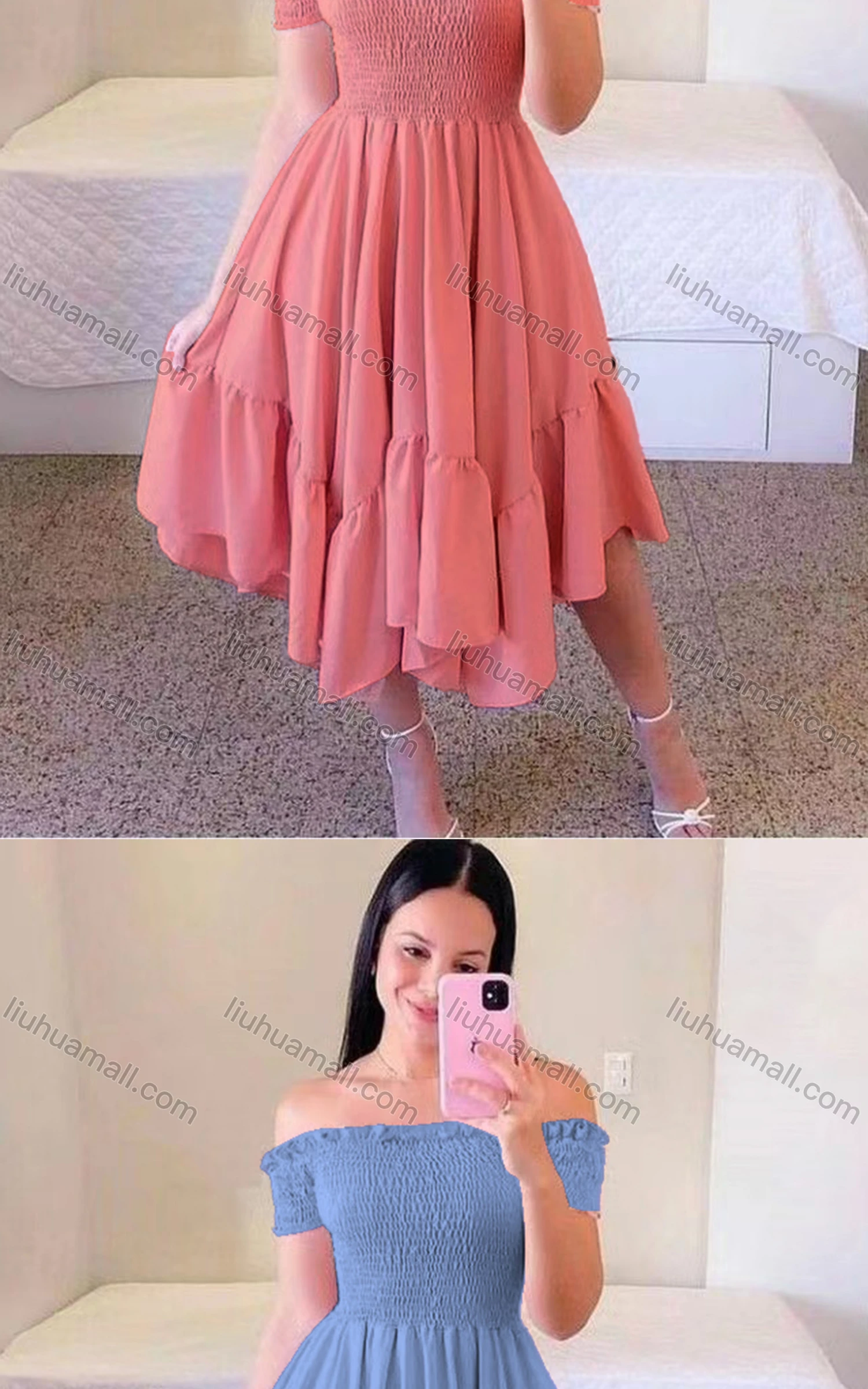 Wholesale Women's Sexy Shirred Off Shoulder Short Sleeve Plain Short Cocktail Dress - Liuhuamall