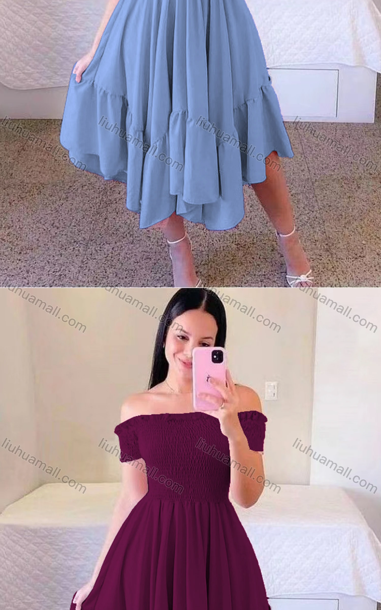 Wholesale Women's Sexy Shirred Off Shoulder Short Sleeve Plain Short Cocktail Dress - Liuhuamall