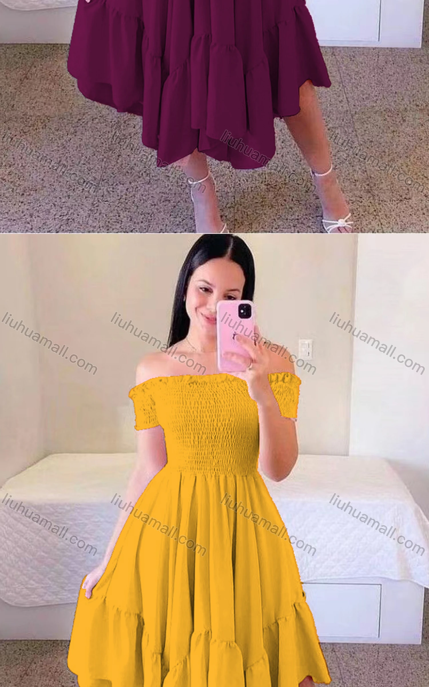 Wholesale Women's Sexy Shirred Off Shoulder Short Sleeve Plain Short Cocktail Dress - Liuhuamall