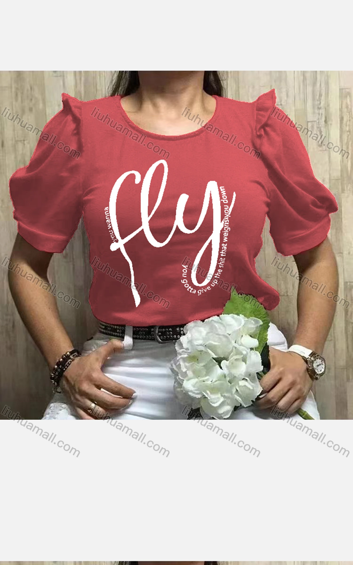 Wholesale Women's Casual Crew Neck Puff Sleeve Ruffle Trim Letter Top - Liuhuamall