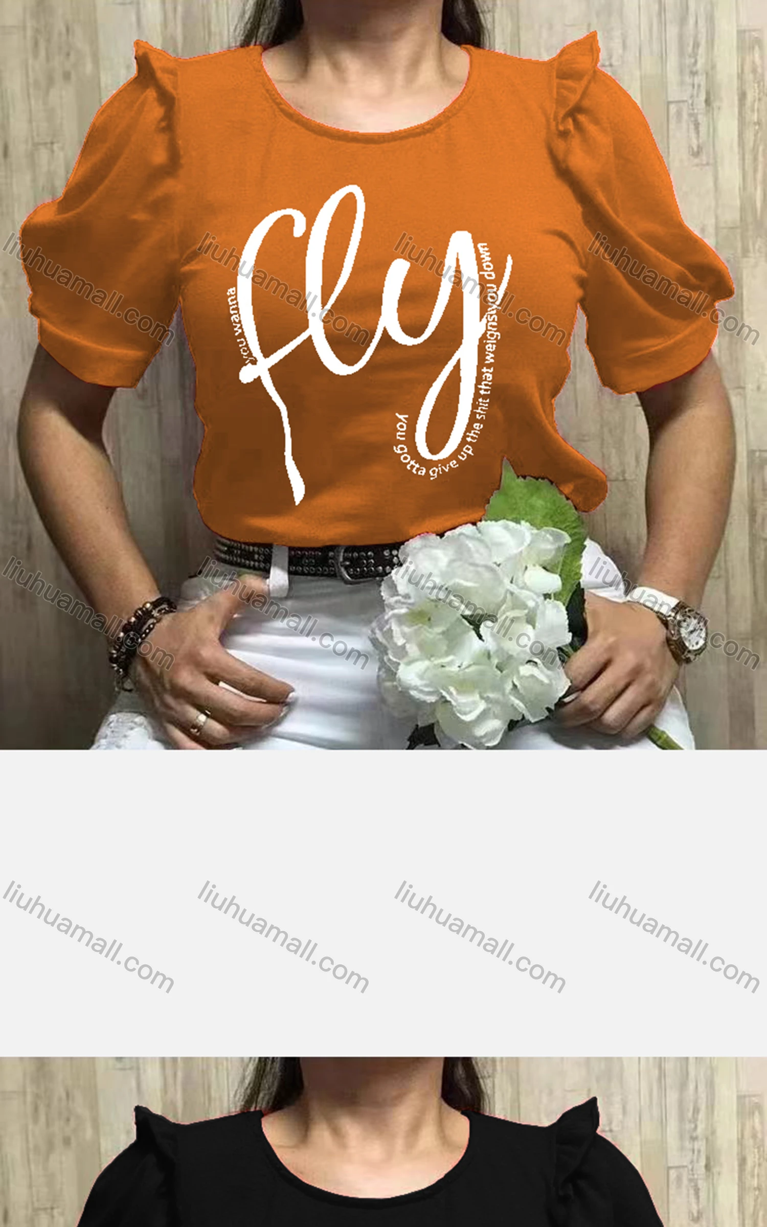 Wholesale Women's Casual Crew Neck Puff Sleeve Ruffle Trim Letter Top - Liuhuamall