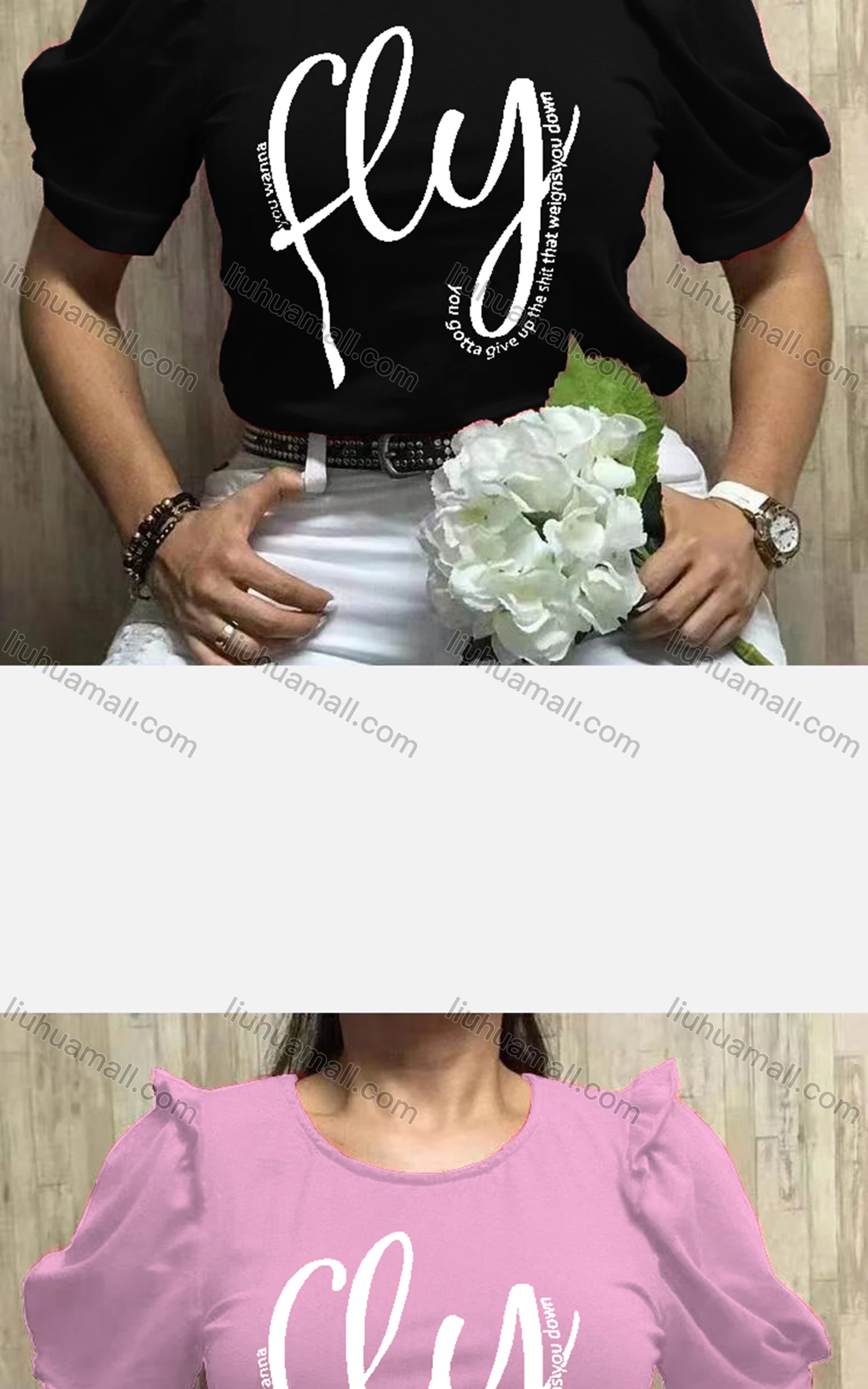 Wholesale Women's Casual Crew Neck Puff Sleeve Ruffle Trim Letter Top - Liuhuamall