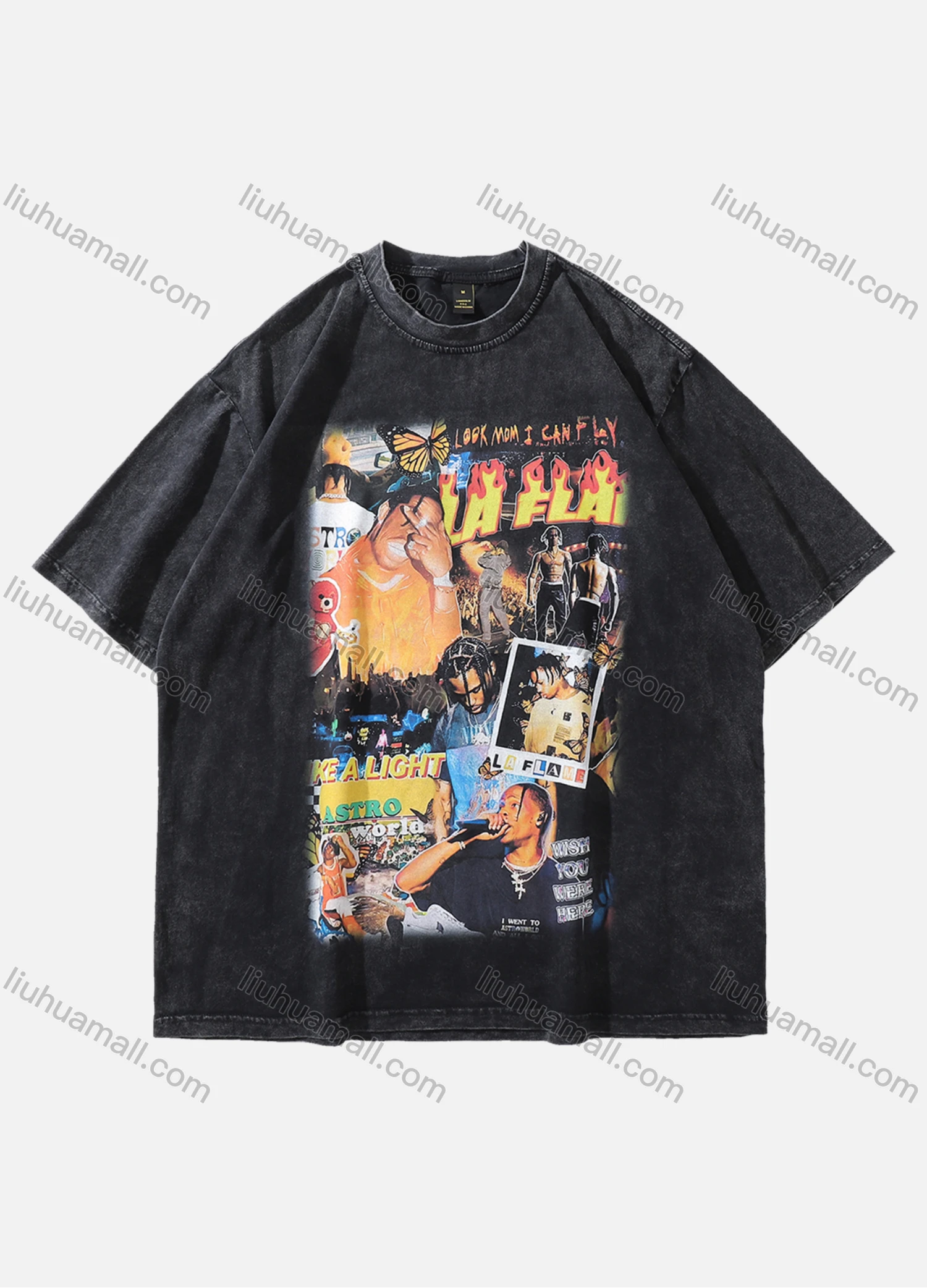 Wholesale Men's Fashion Hip Hop Oversized Crew Neck Short Sleeve Wash Distressed Graphic T-shirt 804# - Liuhuamall