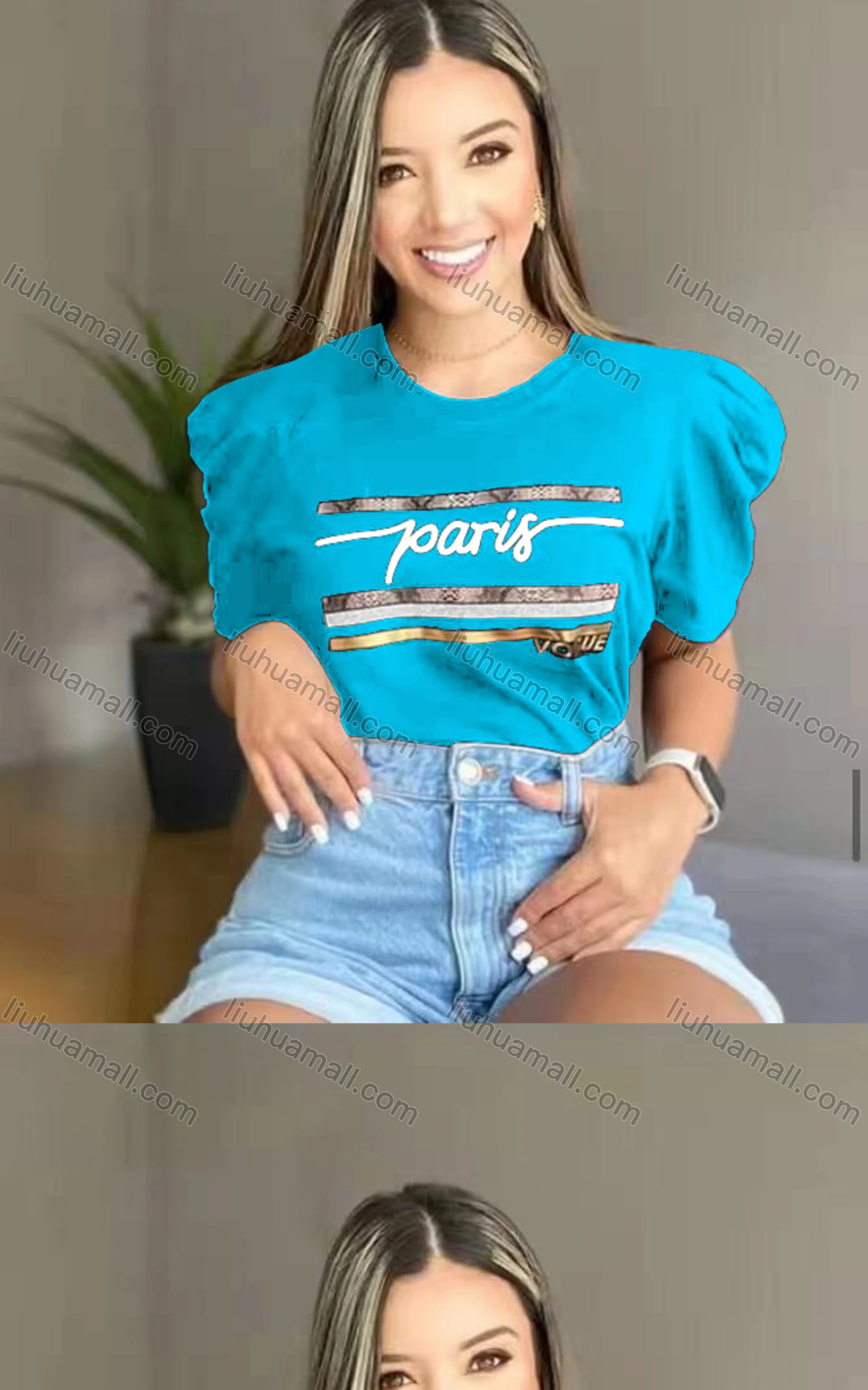 Wholesale Women's Casual Crew Neck Puff Sleeve Letter Top - Liuhuamall