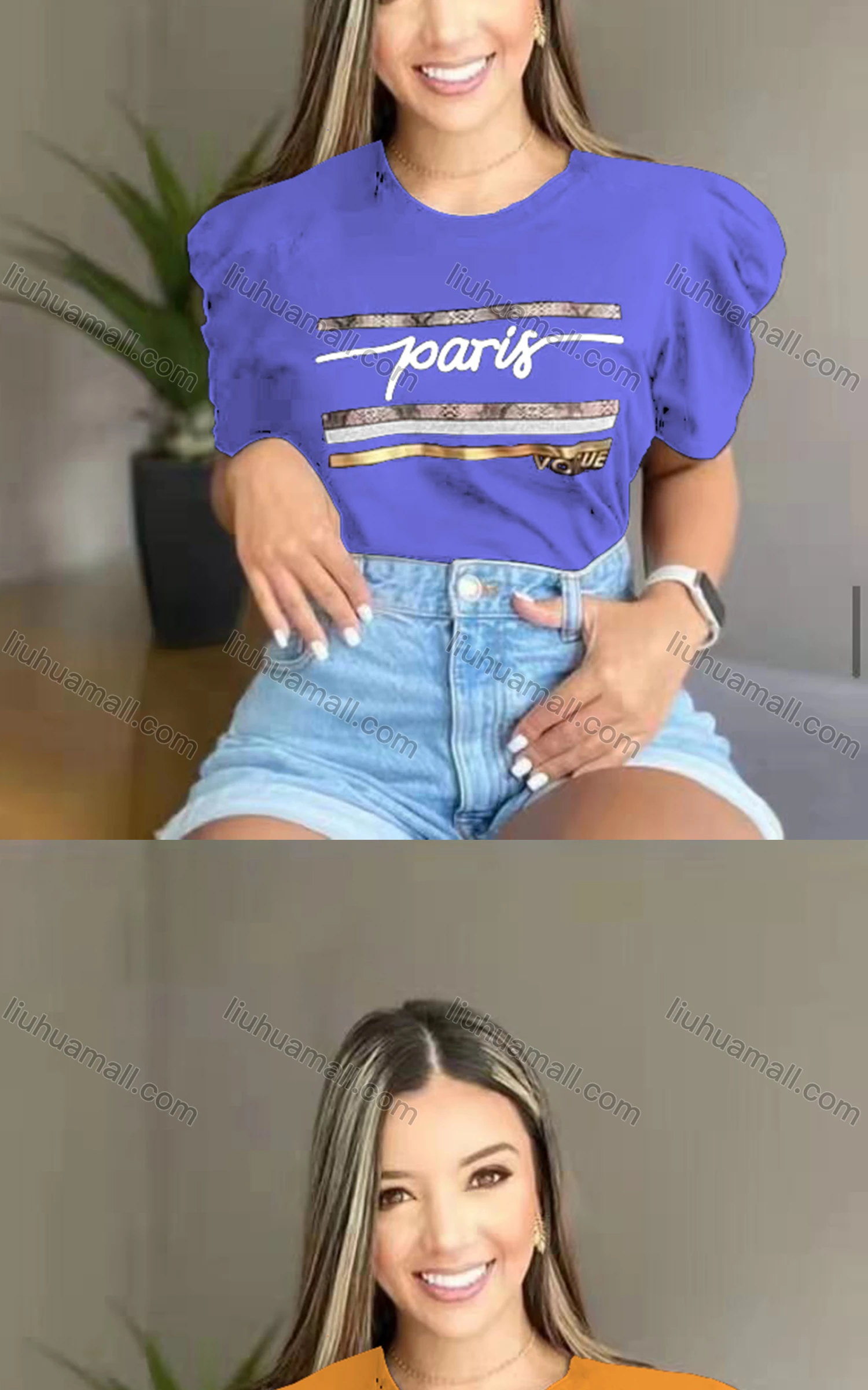 Wholesale Women's Casual Crew Neck Puff Sleeve Letter Top - Liuhuamall