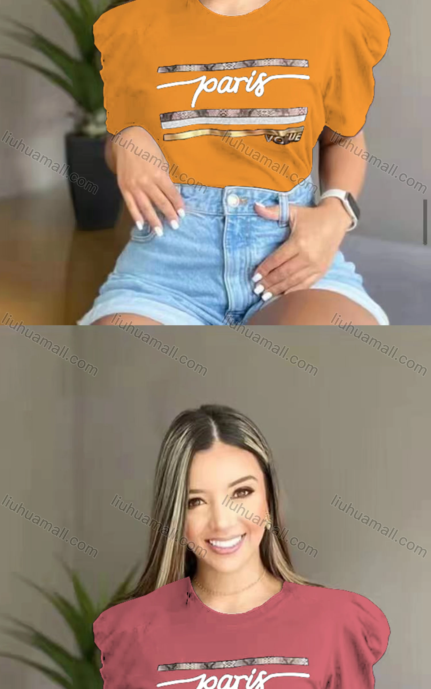 Wholesale Women's Casual Crew Neck Puff Sleeve Letter Top - Liuhuamall