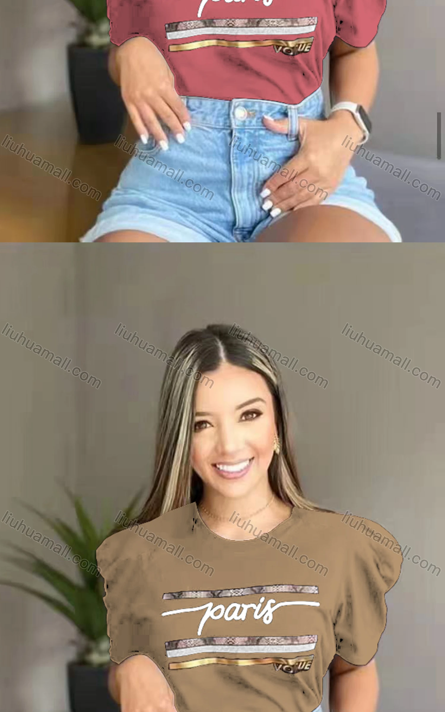 Wholesale Women's Casual Crew Neck Puff Sleeve Letter Top - Liuhuamall