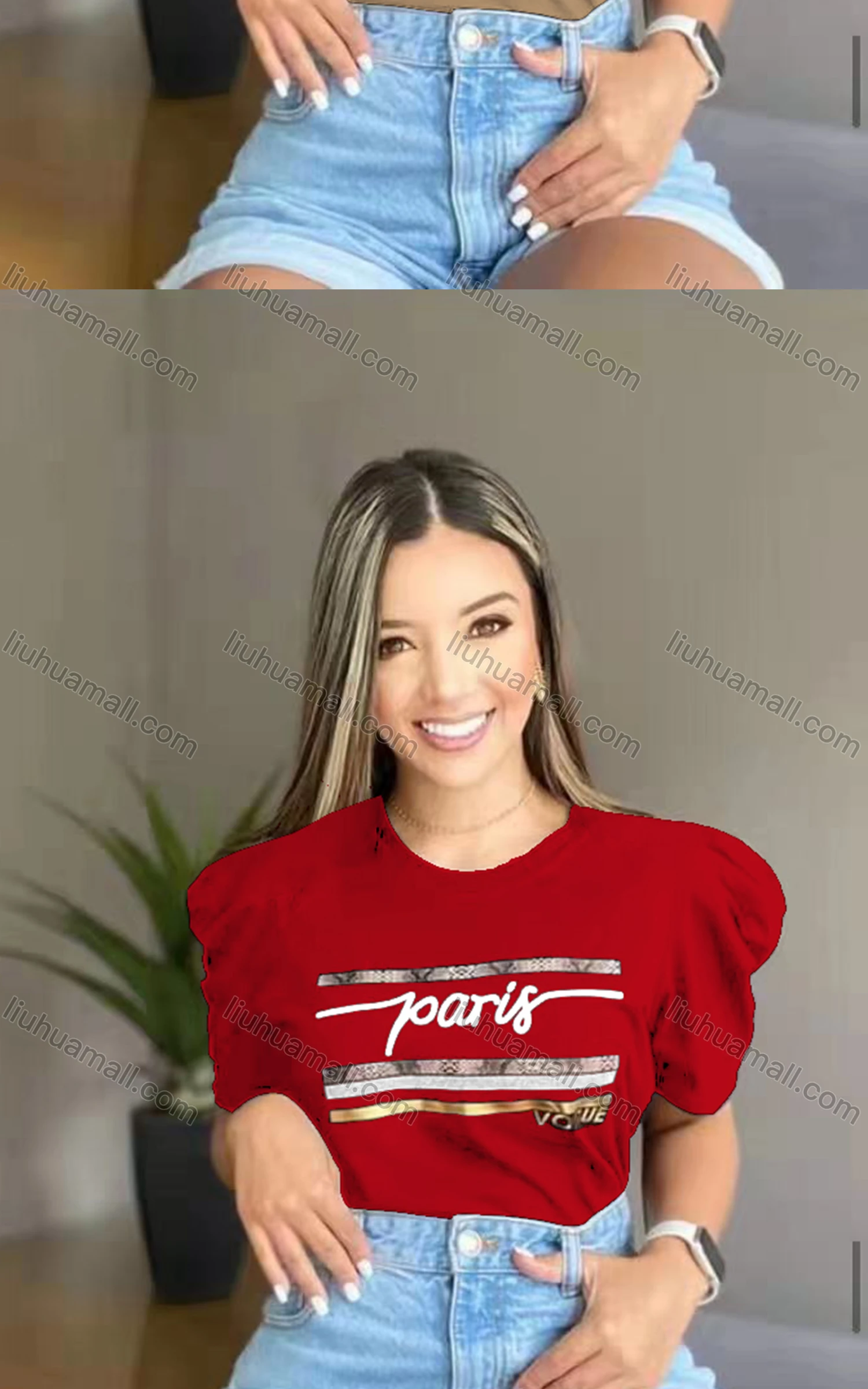 Wholesale Women's Casual Crew Neck Puff Sleeve Letter Top - Liuhuamall