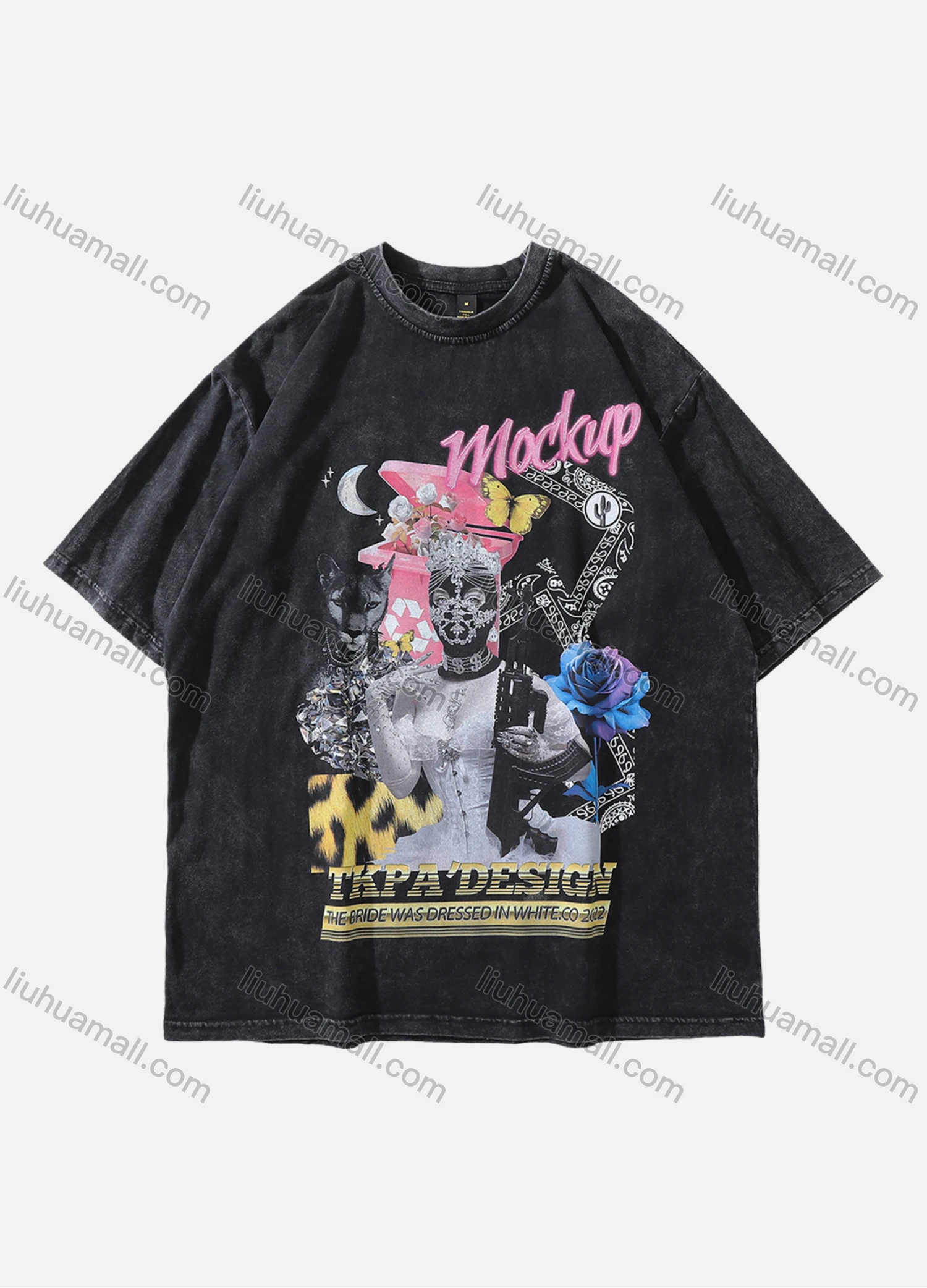 Wholesale Men's Fashion Hip Hop Oversized Crew Neck Short Sleeve Wash Distressed Graphic T-shirt 808# - Liuhuamall