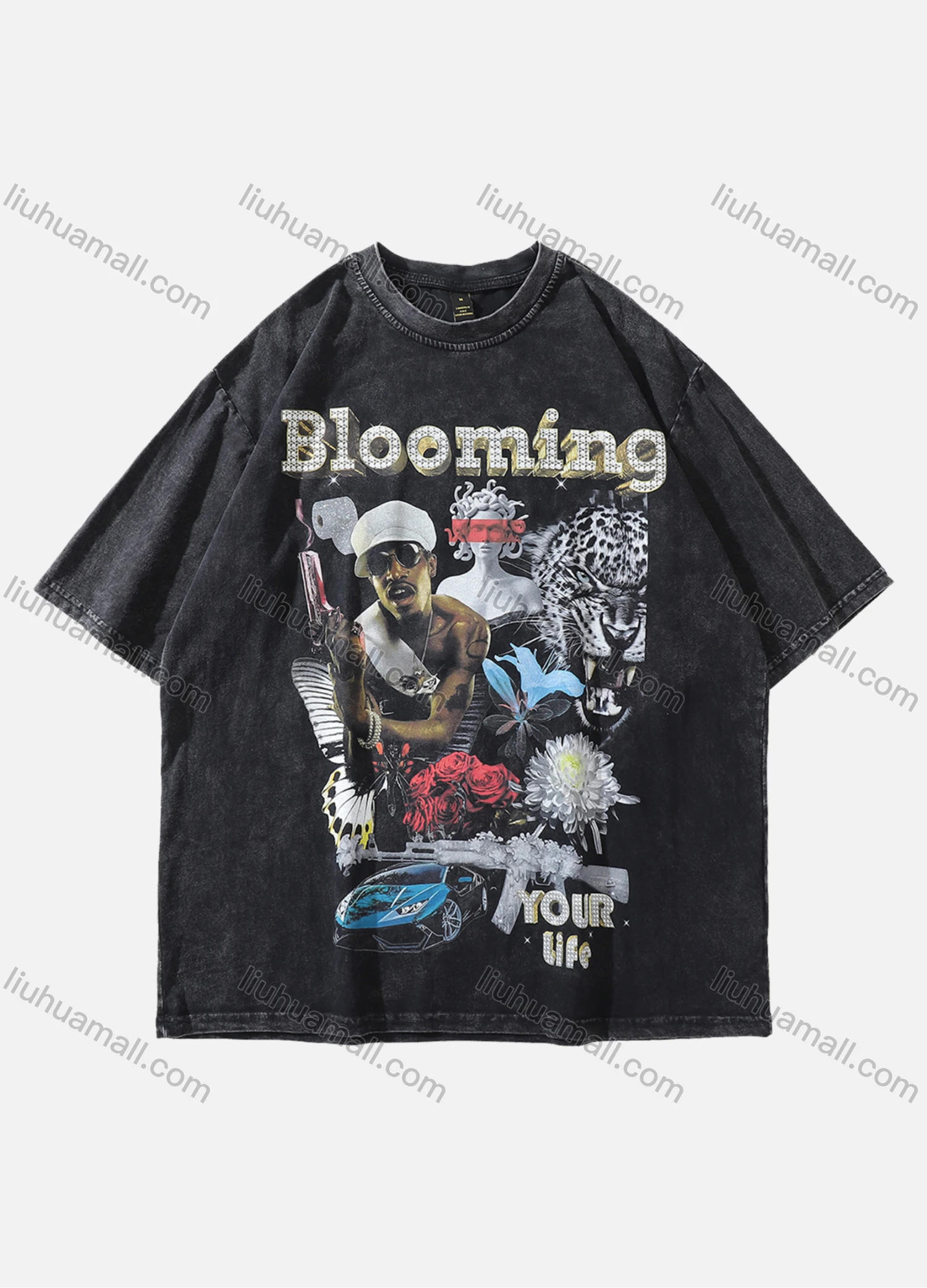 Wholesale Men's Fashion Hip Hop Oversized Crew Neck Short Sleeve Wash Distressed Graphic T-shirt 812# - Liuhuamall