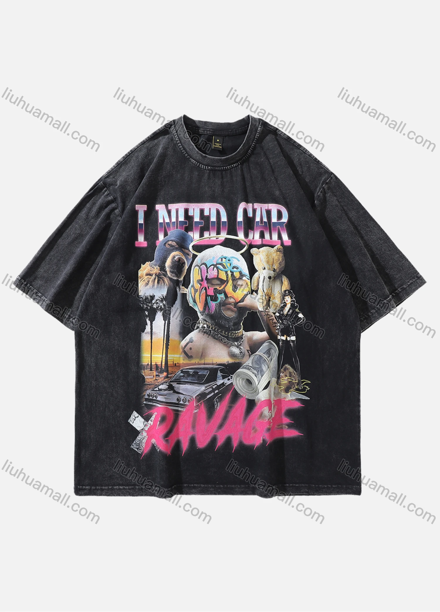 Wholesale Men's Fashion Hip Hop Oversized Crew Neck Short Sleeve Wash Distressed Graphic T-shirt 813# - Liuhuamall