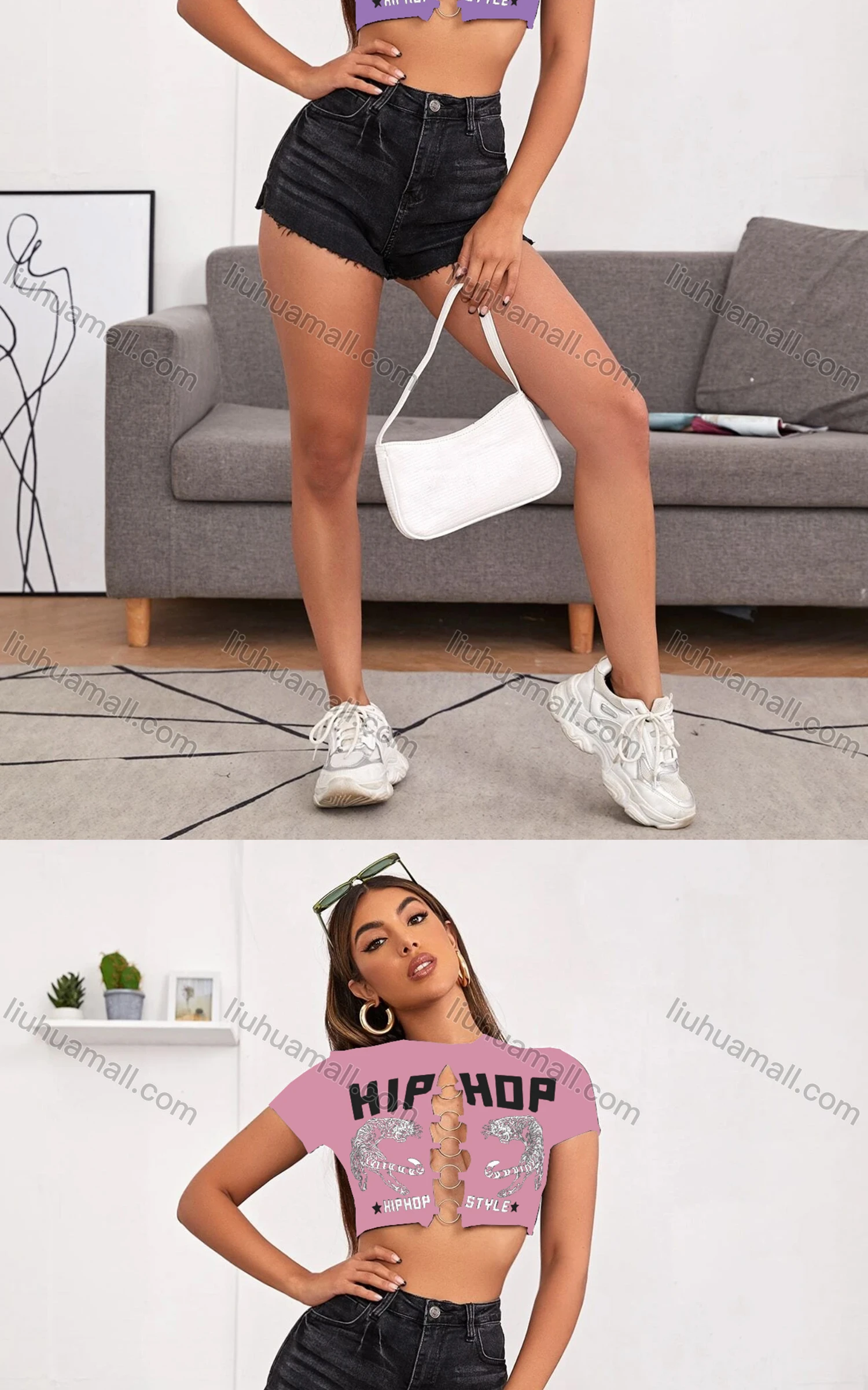 Wholesale Women's Sexy Crew Neck Puff Sleeve Slit Front Letter Graphic Crop Top - Liuhuamall