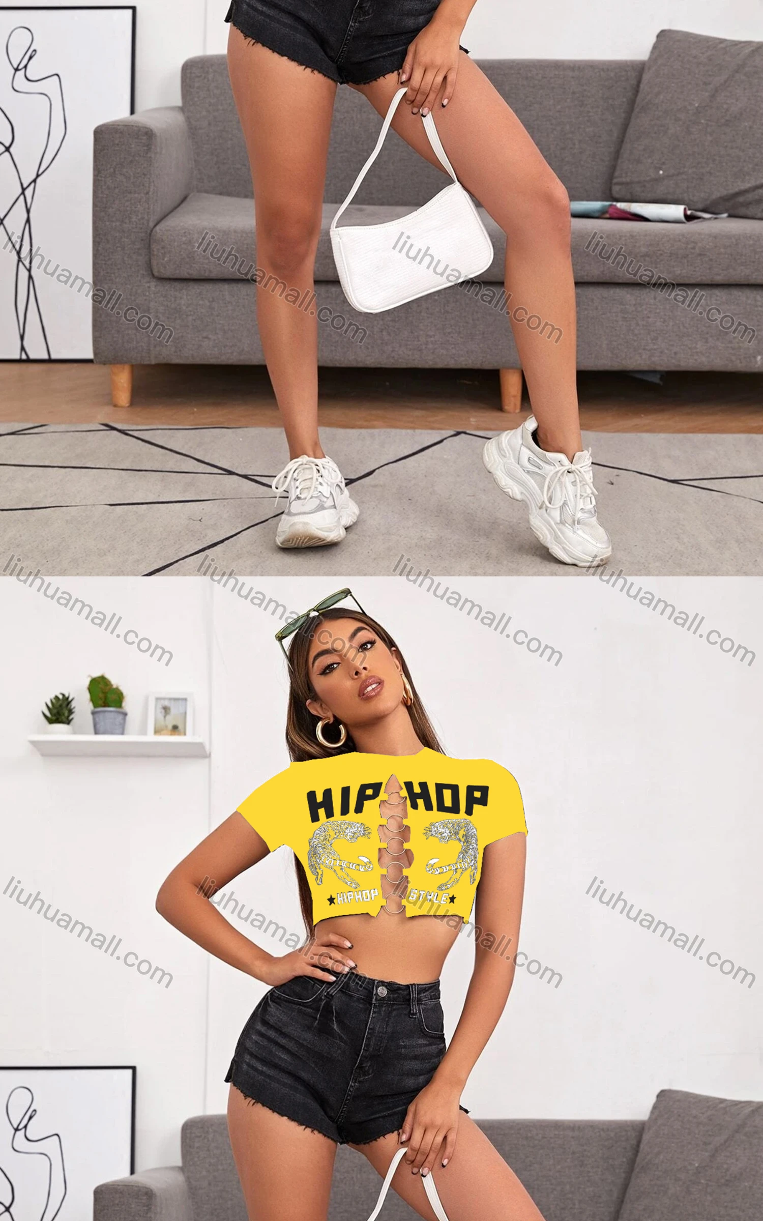 Wholesale Women's Sexy Crew Neck Puff Sleeve Slit Front Letter Graphic Crop Top - Liuhuamall