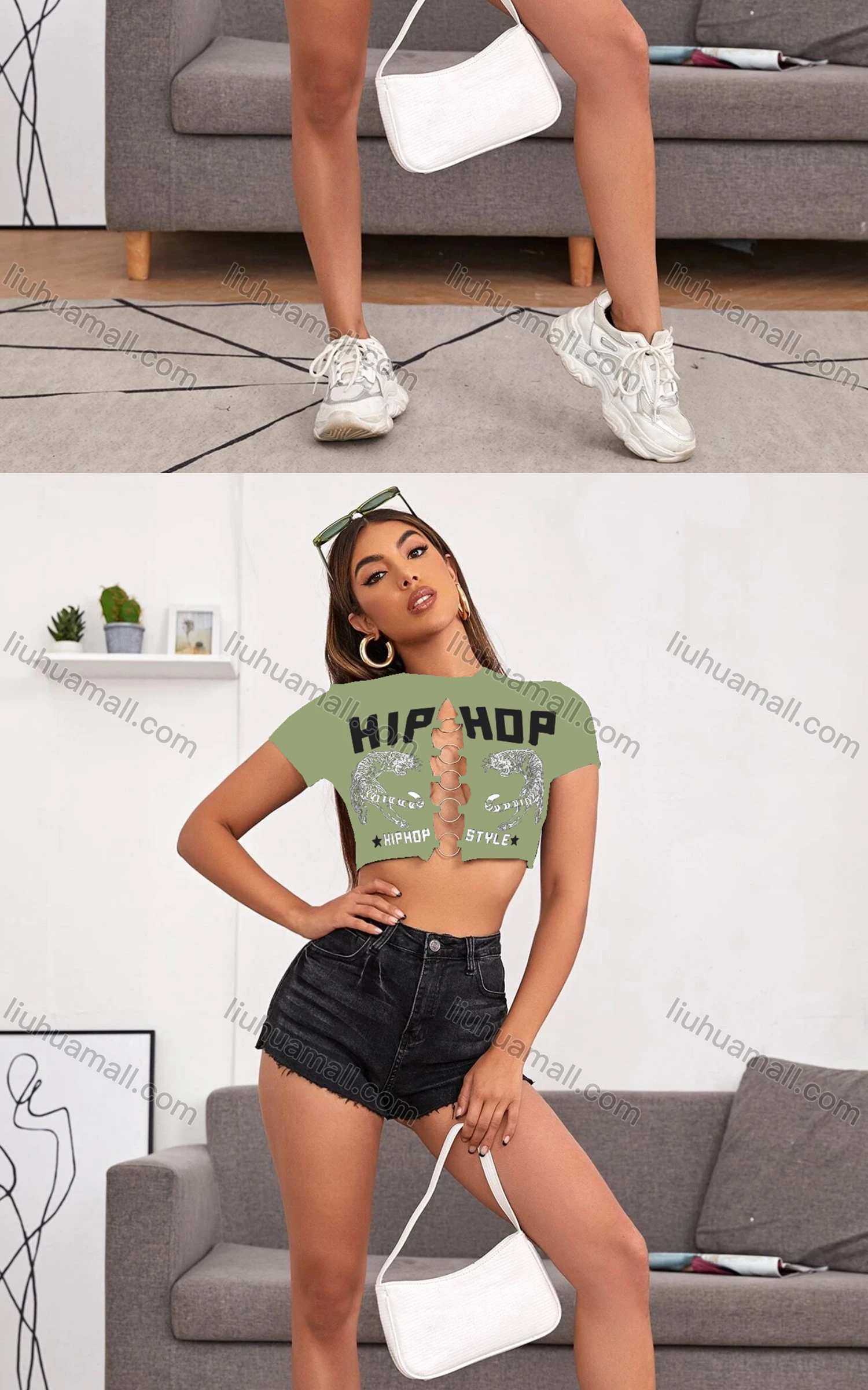 Wholesale Women's Sexy Crew Neck Puff Sleeve Slit Front Letter Graphic Crop Top - Liuhuamall