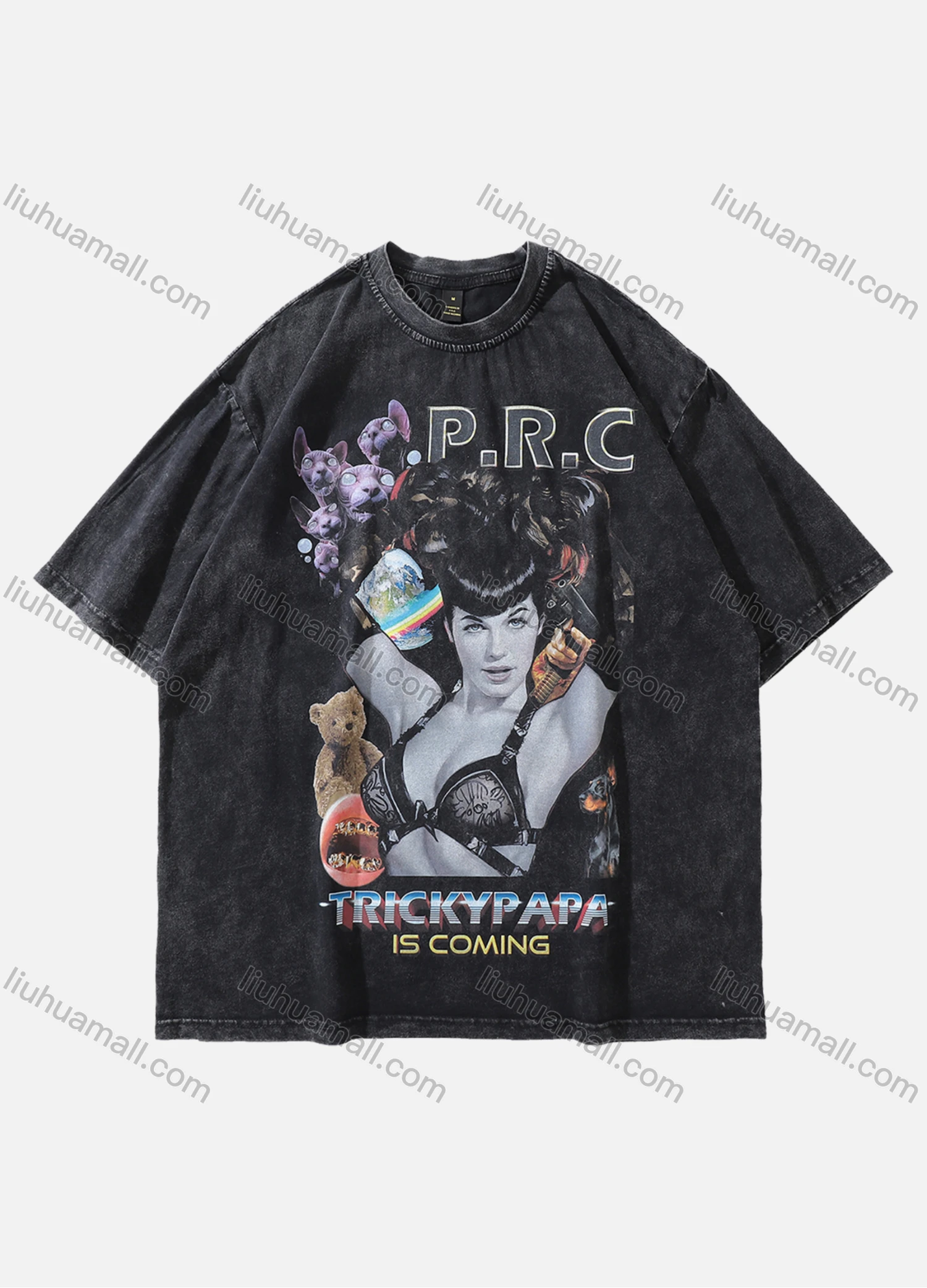 Wholesale Men's Fashion Hip Hop Oversized Crew Neck Short Sleeve Wash Distressed Graphic T-shirt 815# - Liuhuamall