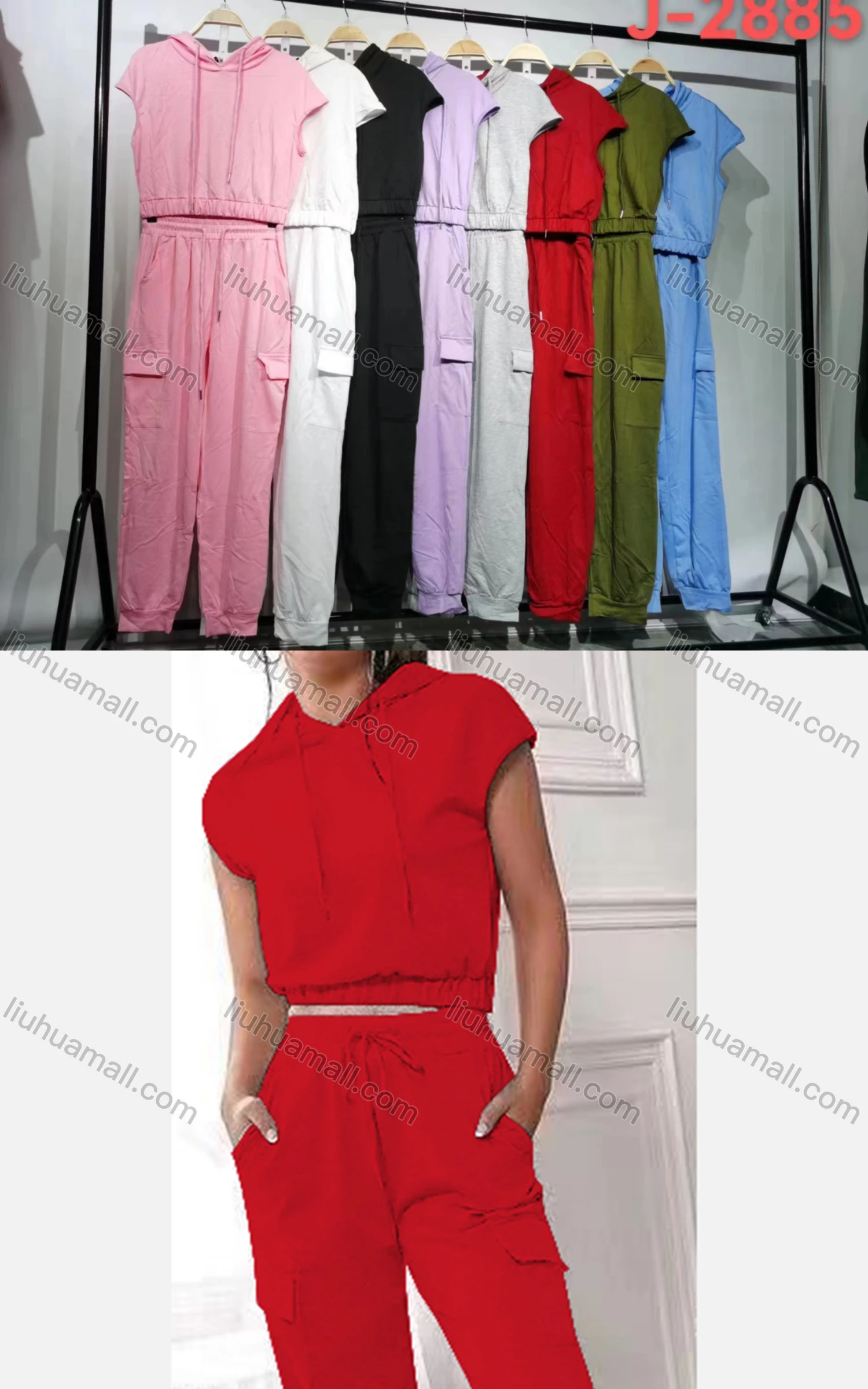 Wholesale Women's Casual Plain Cap Sleeve Crop Hoodies & Elastic Waist Pants Set - Liuhuamall