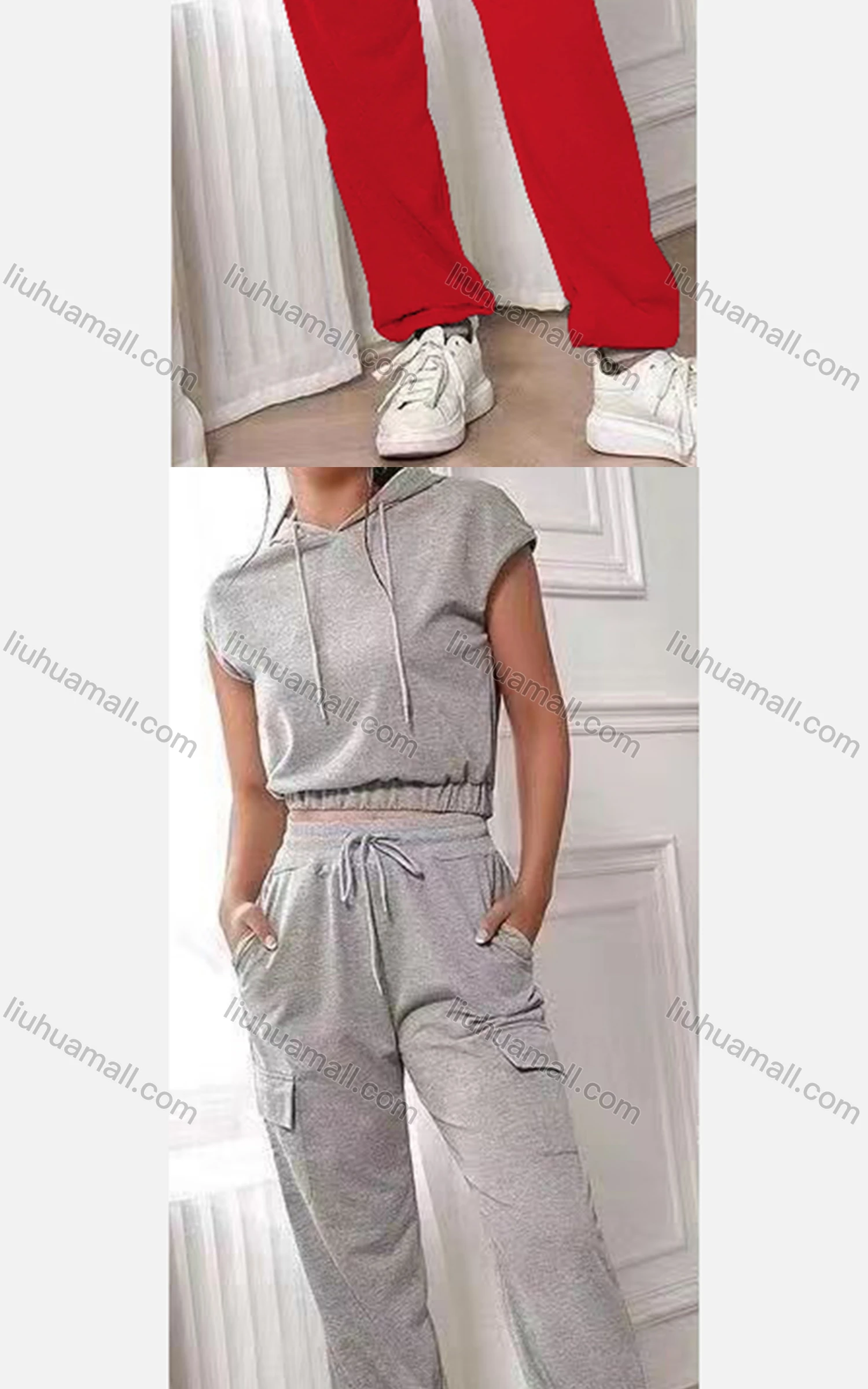 Wholesale Women's Casual Plain Cap Sleeve Crop Hoodies & Elastic Waist Pants Set - Liuhuamall