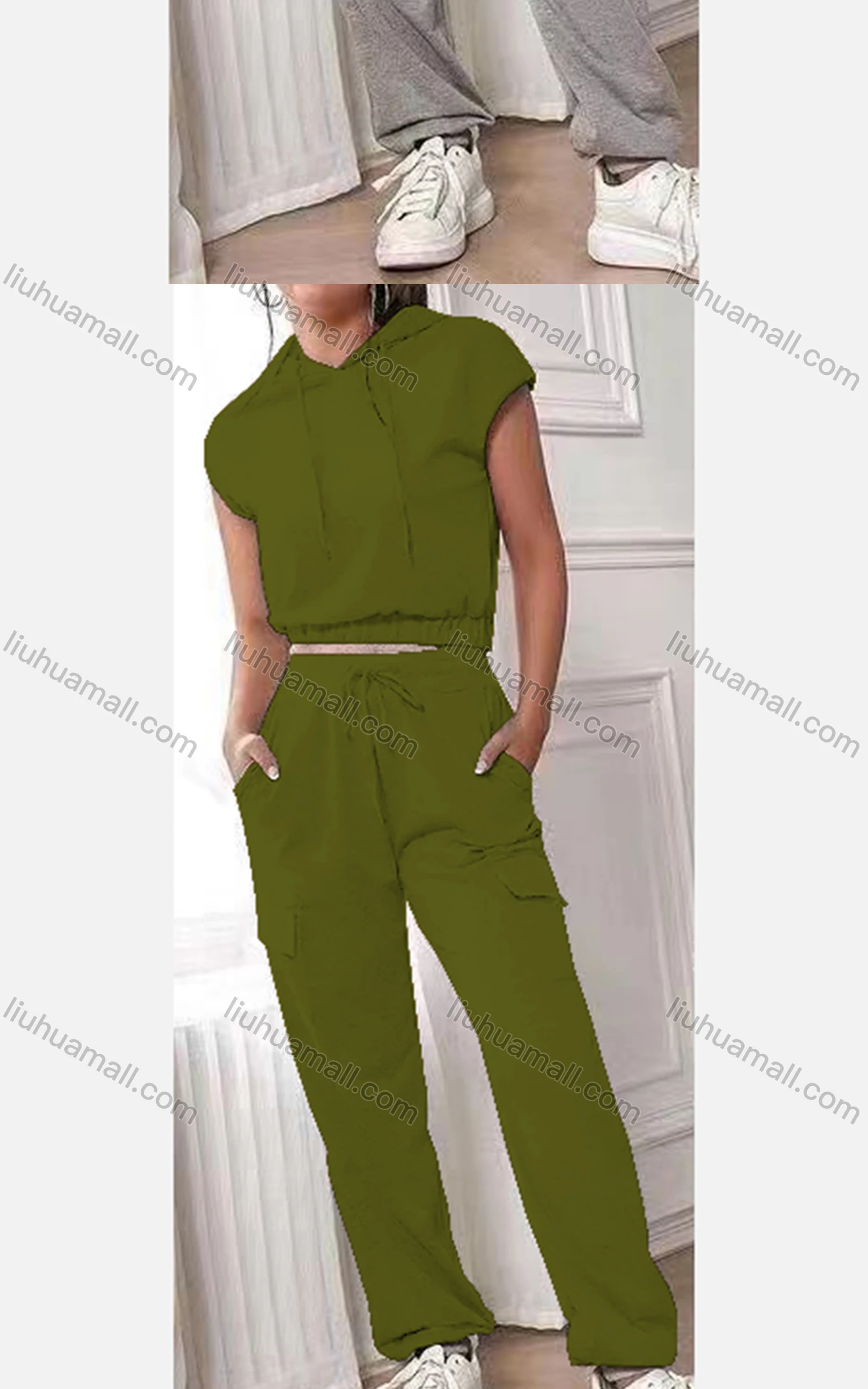 Wholesale Women's Casual Plain Cap Sleeve Crop Hoodies & Elastic Waist Pants Set - Liuhuamall