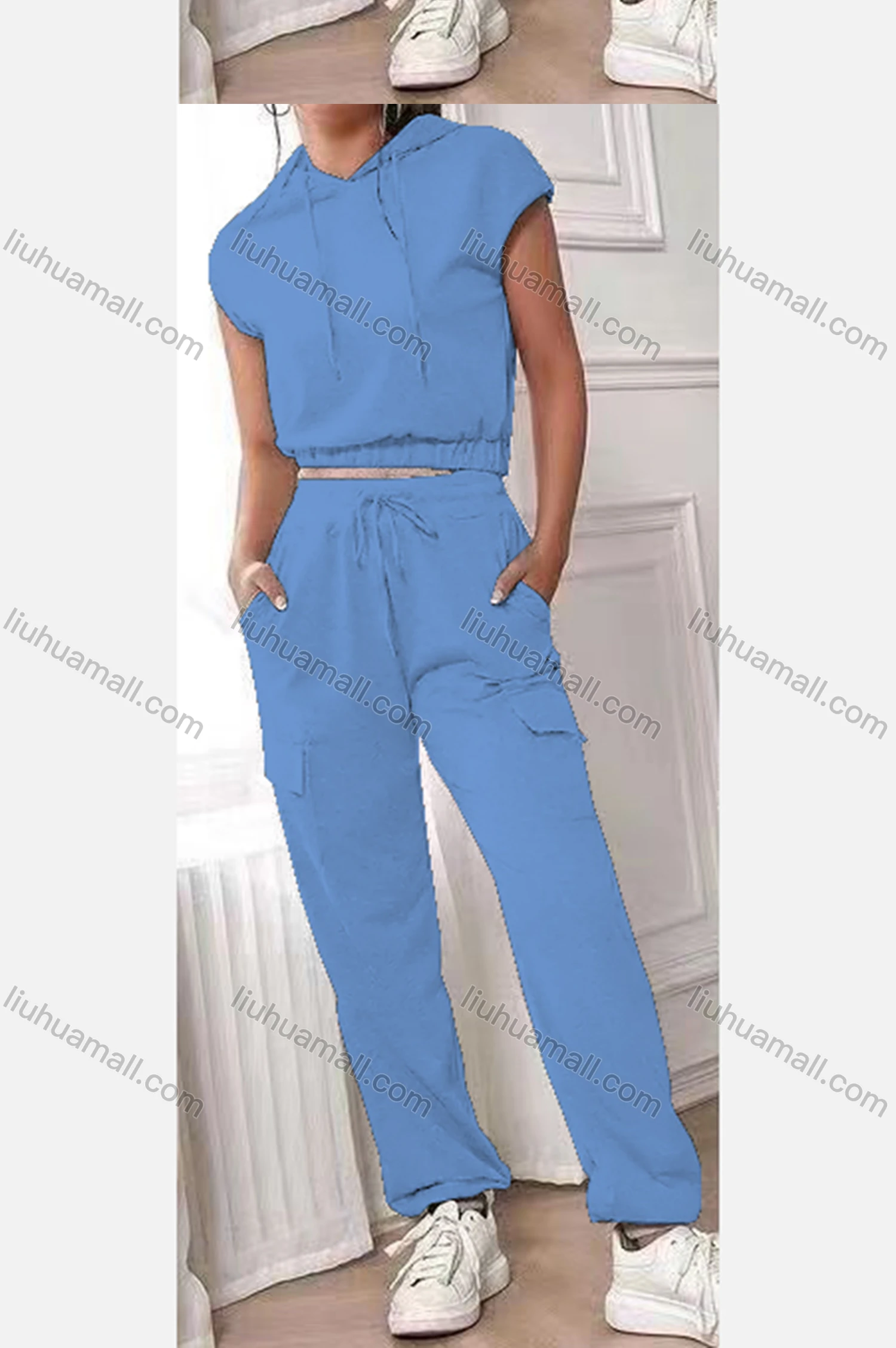 Wholesale Women's Casual Plain Cap Sleeve Crop Hoodies & Elastic Waist Pants Set - Liuhuamall