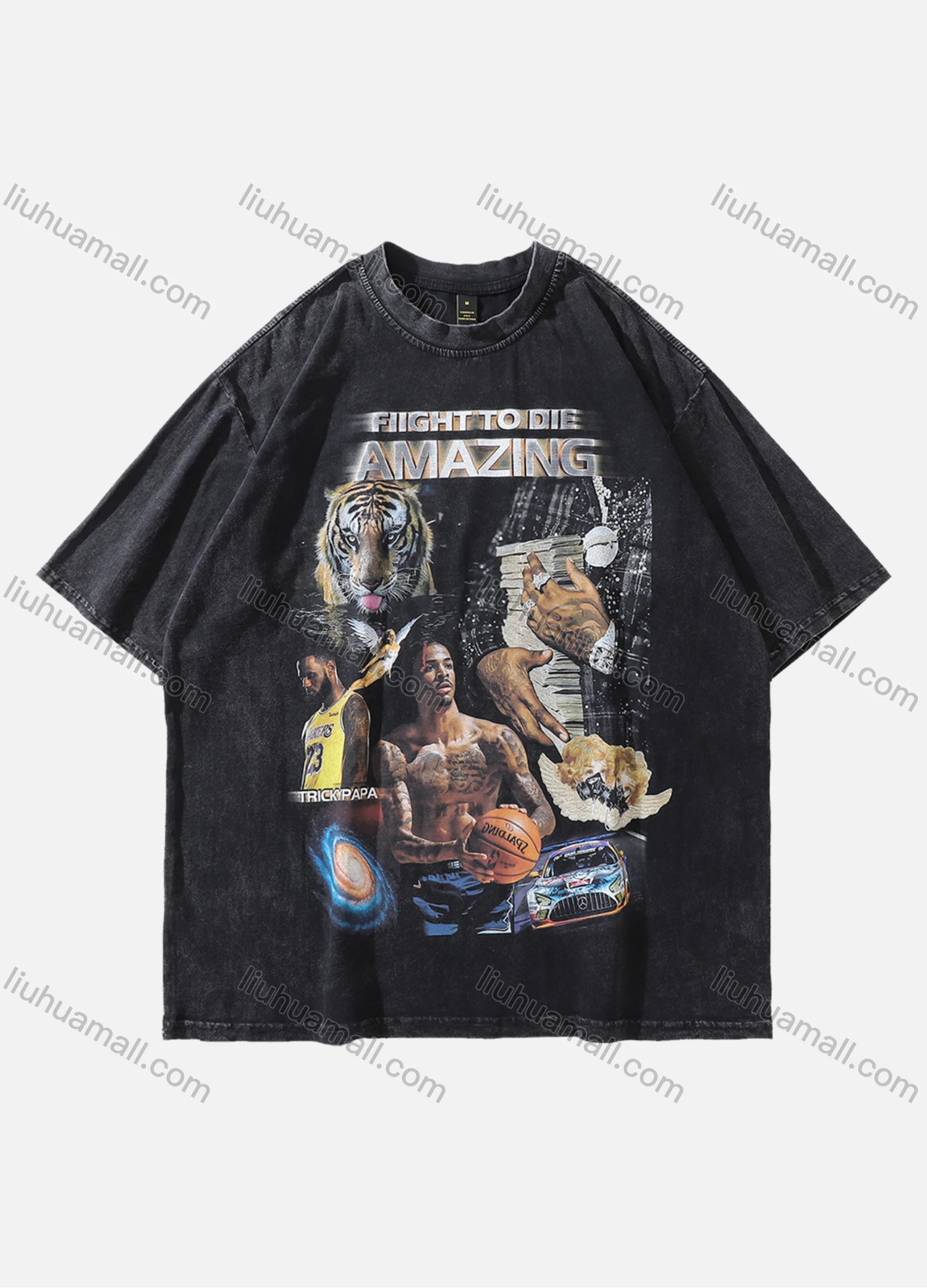 Wholesale Men's Fashion Hip Hop Oversized Crew Neck Short Sleeve Wash Distressed Graphic T-shirt 816# - Liuhuamall