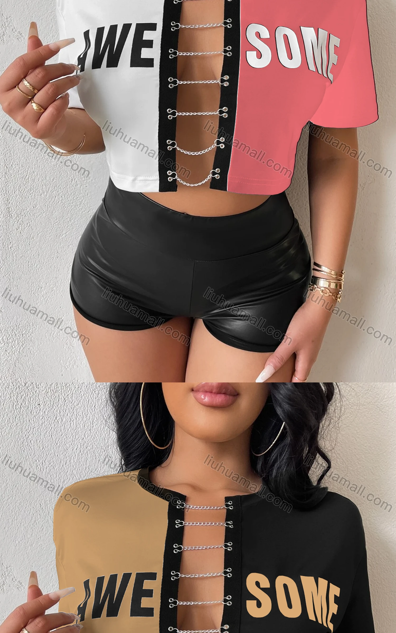 Wholesale Women's Fashion Colorblock Letter Print Chain Closure Crop Top - Liuhuamall