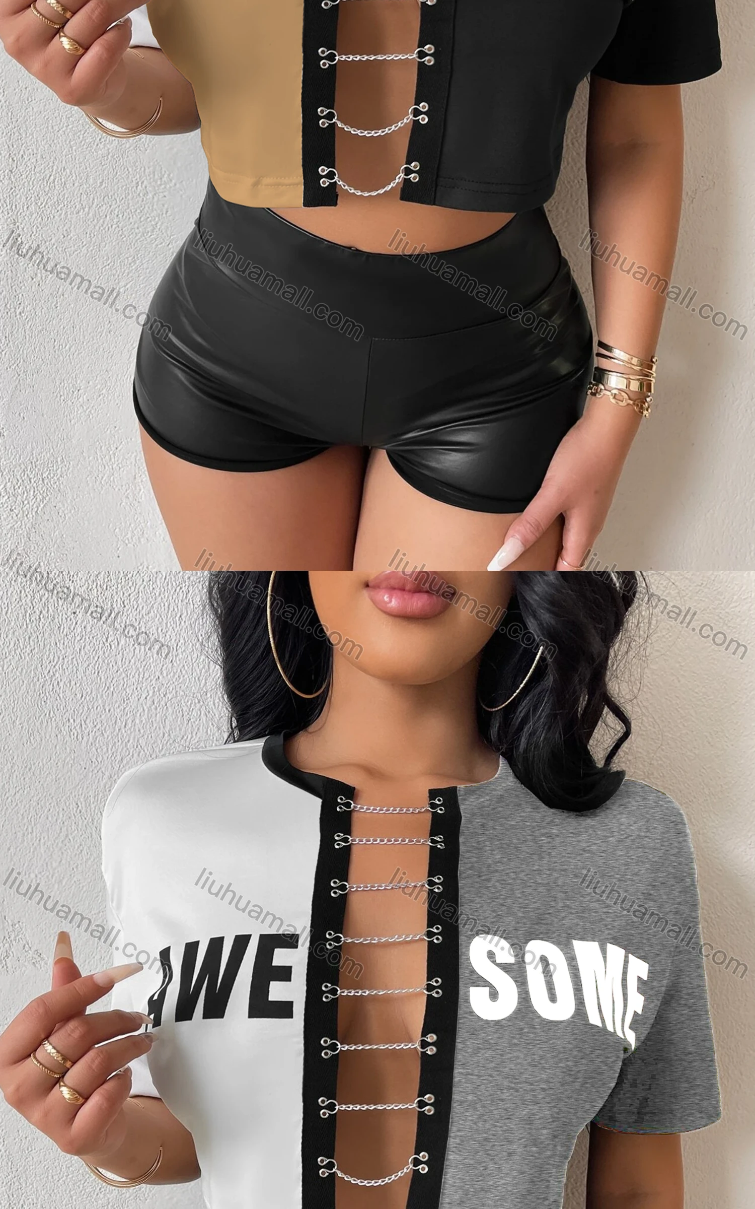 Wholesale Women's Fashion Colorblock Letter Print Chain Closure Crop Top - Liuhuamall