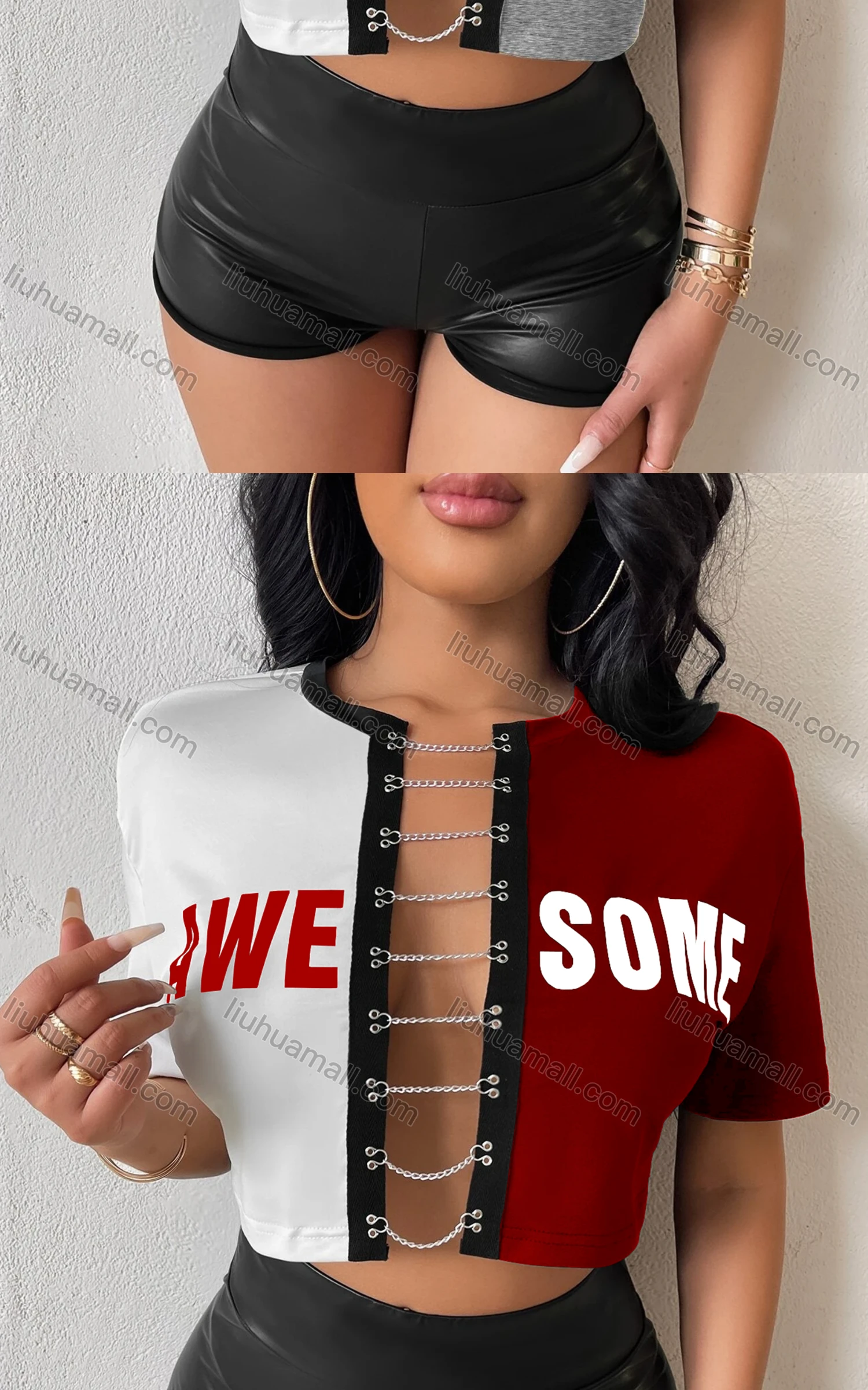 Wholesale Women's Fashion Colorblock Letter Print Chain Closure Crop Top - Liuhuamall
