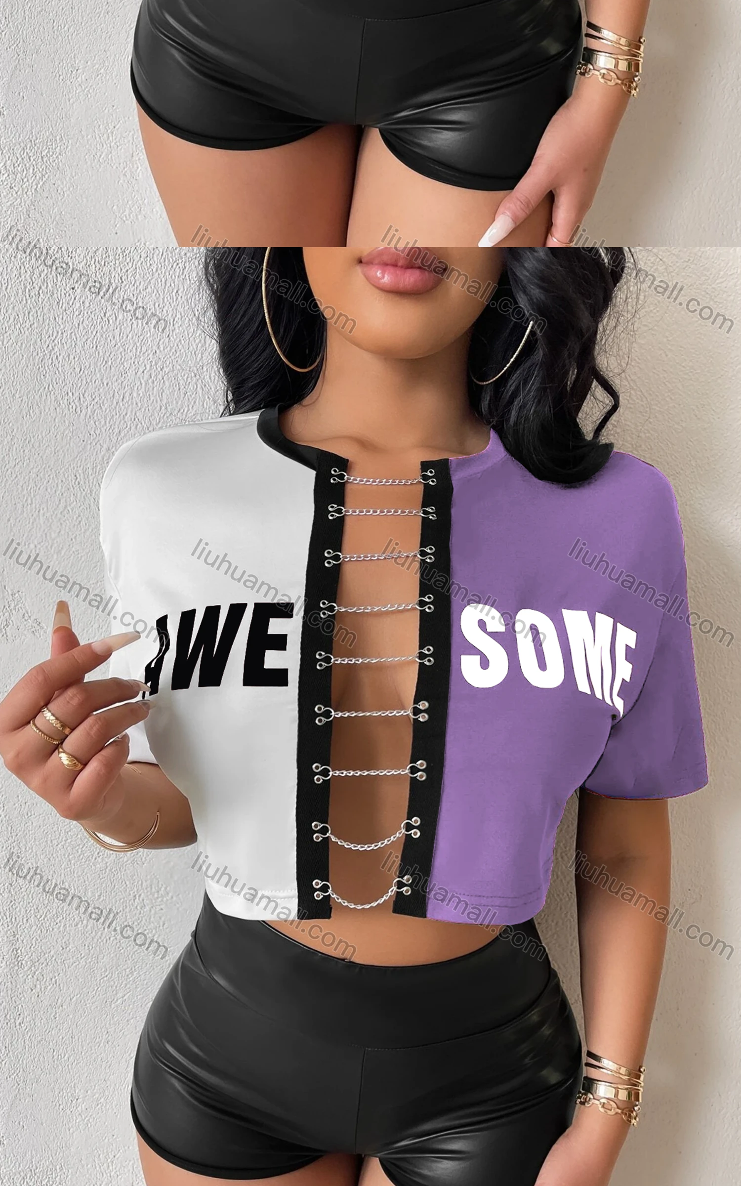 Wholesale Women's Fashion Colorblock Letter Print Chain Closure Crop Top - Liuhuamall