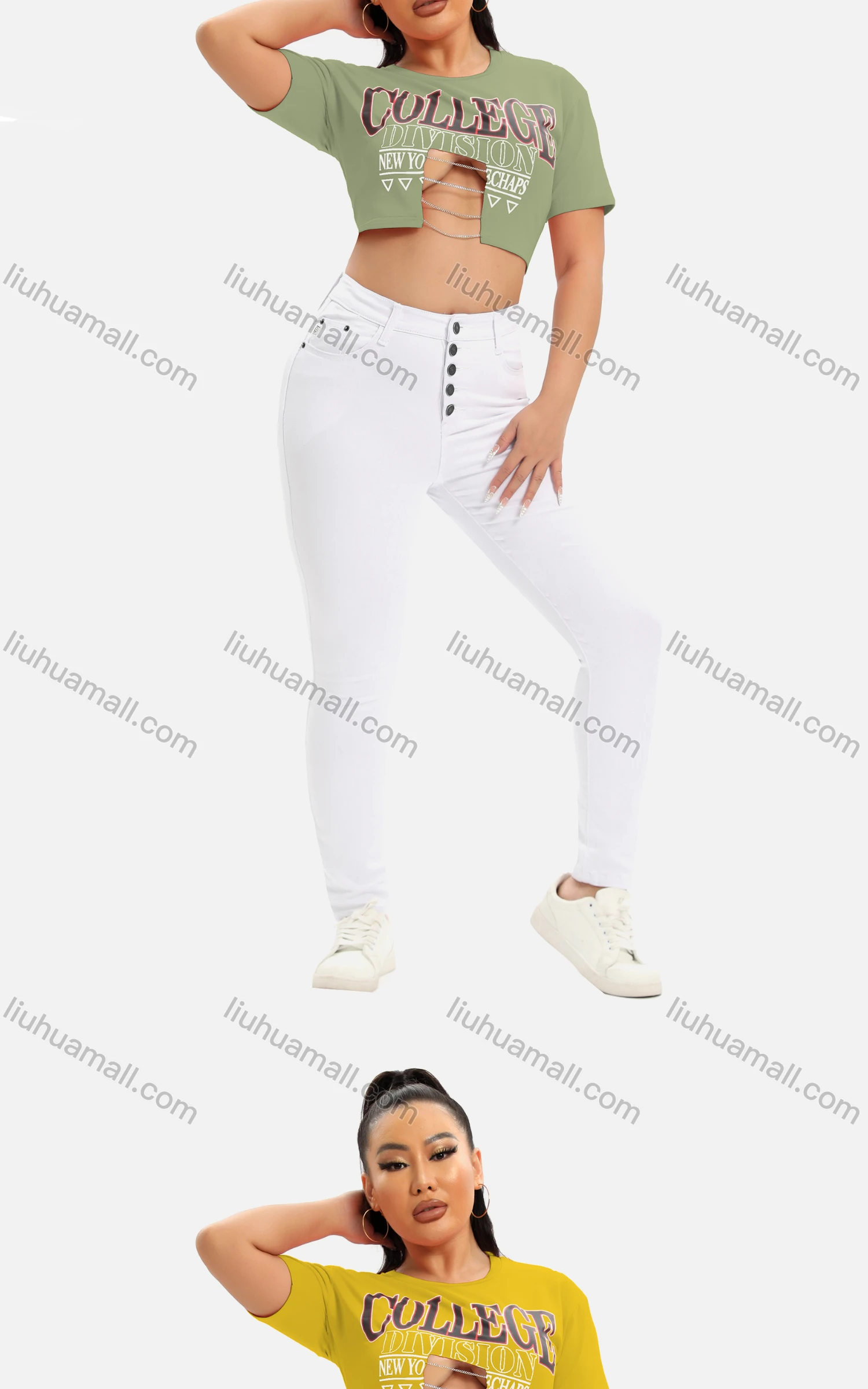 Wholesale Women's Sexy Crew Neck Short Sleeve Cut Out Chain Letter Crop Top - Liuhuamall