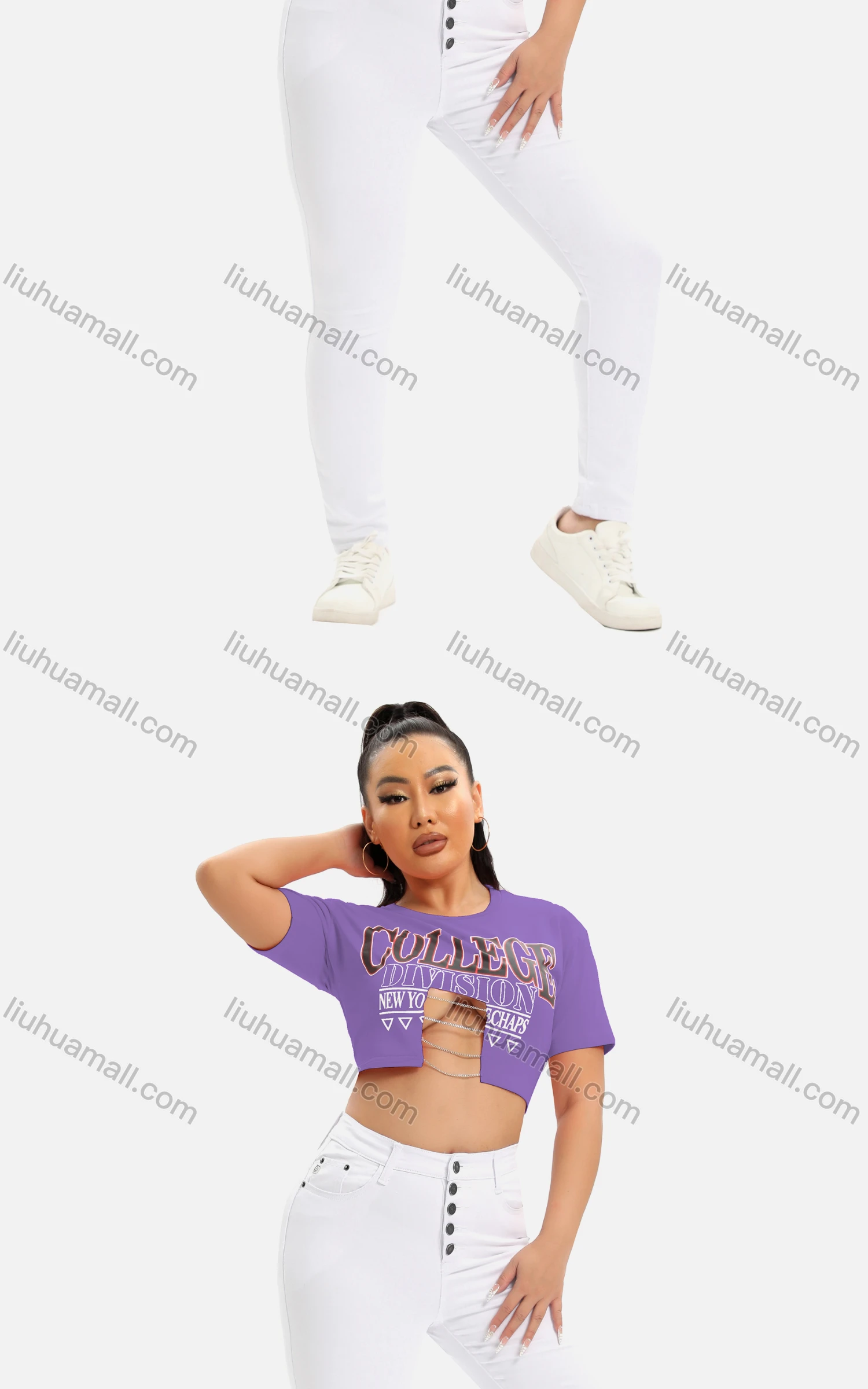 Wholesale Women's Sexy Crew Neck Short Sleeve Cut Out Chain Letter Crop Top - Liuhuamall